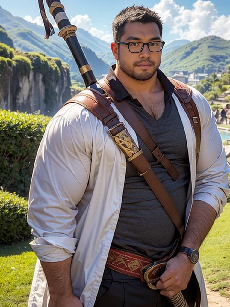 crew cut, (((full body))), (((landscape))), mature man, [slightly fat], asian man, rounded face, brown eyes, ((rounded face)), glasses, balding, 1boy, Solo, (big shoulders), (((stubbles, Short beard))),A man with short hair holding a katana in one hand and the Draupnir spear in the other