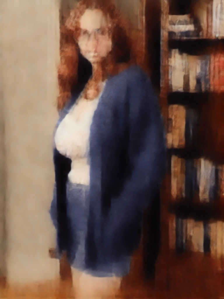 Natalie Portman as a busty college girl, (oppai proportion:1.1), (reddish hair:1.1), (long hair:1.3), big wavy hair, glasses, tight blouse tucked into denim jeans loafers, bookshelves, hardwood floors, (huge massive gigantic sagging breasts:10), (top heavy:1.1), tall and lanky, standing, [[cleavage]]