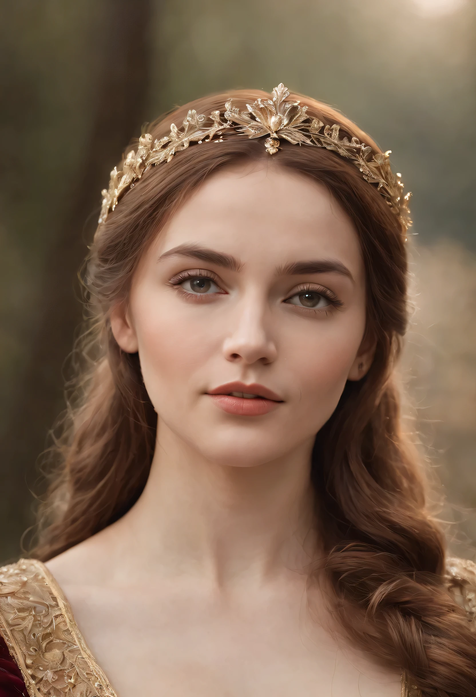 cinematic portrait, ((trunk)), facing the public, (reality :1.3), the most beautiful work of art photo in the world, a woman looking at the camera, European medieval court dress, marvelous, soft gauze, detailed gorgeous face, action shooting, (intricate :1.4), Medieval court background, photo realist, CG, art station