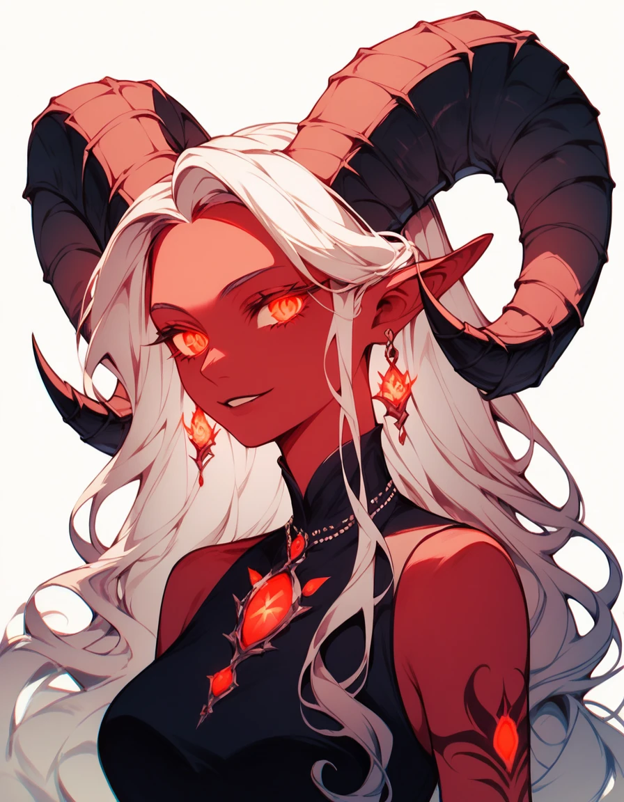 score_9, score_8_up, score_7_up, 1girl, solo, flowing hair, glowing red eyes, curved ram horns, sharp ears, red skin, demoness, stark white background, limited red palette, monochromatic, eerie atmosphere, light colorful dress, seductive,