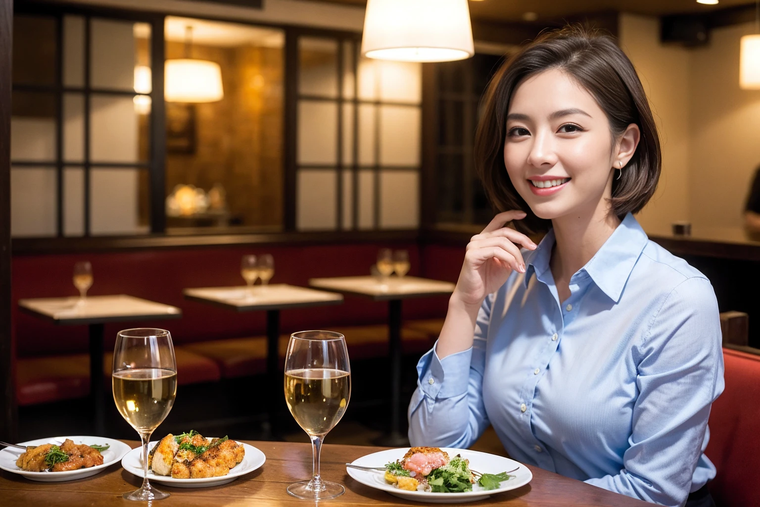 ((Highest quality、8K、masterpiece:1.3))、cute、slimカップル、modelカップル、actress??、(Realistic, Intricate details:1.2), full-course dinner、Wine Party、Amazing view of the sunset sky and clouds、A bright smile、short hair,Bright Face、 (Age 44), Age 42, red wine 、Appetizers、Italian food、Wine bottle、Champagne、sparkling wine、Two beauties、Brown Hair、Shortcuts、Long sleeve shirt、dress、Beautiful woman 1, (slimな顔), (The body is slim), (Brown Hair), (Shortcuts), cheeks turn a little red,Attractive beauty、restaurant, In a prominent place (From the waist up) Nova Frog Style, actress, model, Upper Body, White wine, slim, wine glass, 中央に置かれたwine glass, smile, (smile: 1.15), Beautiful fine grain, Depth f/2,saturation, High Contrast, Strong light and shadow,Moist Body:1.5、3D texture、Delicate eyes、Brown Hair、The hair is very shiny、