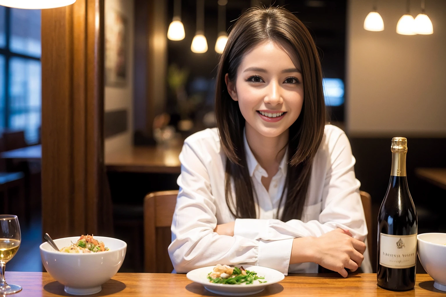 ((Highest quality、8K、masterpiece:1.3))、cute、slimカップル、modelカップル、actress男優、(Realistic, Intricate details:1.2), full-course dinner、Wine Party、Amazing view of the sunset sky and clouds、A bright smile、short hair,Bright Face、 (Age 44), Age 42, red wine 、Appetizers、Italian food、Wine bottle、Champagne、sparkling wine、Two beauties、Brown Hair、Shortcuts、Long sleeve shirt、dress、Beautiful woman 1, (slimな顔), (The body is slim), (Brown Hair), (Shortcuts), cheeks turn a little red,Attractive beauty、restaurant, In a prominent place (From the waist up) Nova Frog Style, actress, model, Upper Body, White wine, slim, wine glass, 中央に置かれたwine glass, smile, (smile: 1.15), Beautiful fine grain, Depth f/2,saturation, High Contrast, Strong light and shadow,Moist Body:1.5、3D texture、Delicate eyes、Brown Hair、The hair is very shiny、