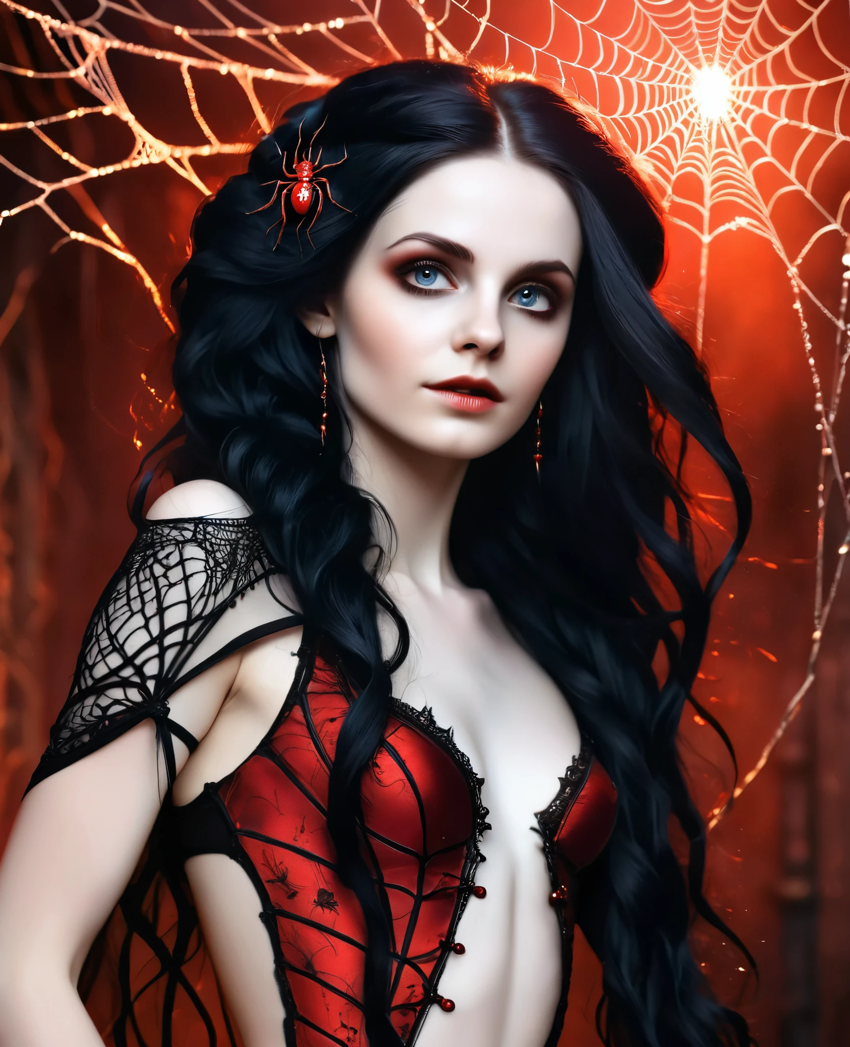 (Realistic:1.5), (((high resolution photo))), (((extremely detailed))), ((masterpiece)), (gorgeous gothic woman in black red spider's web), dramatic lighting, (cinematic light:1.1), full body, (cute sexy:0.8), (cute face:1.2), Pleasure, faded colours, depth of field, 35 mm, analog photo style, gothic background, red splash particles with small luminism, spiders around, sunset, red dawn, dark atmosphere, medieval, intricate hair, inricate small details, (pale skin), hair ornament, long black hair, (fantasy world), (textured skin:1.4)