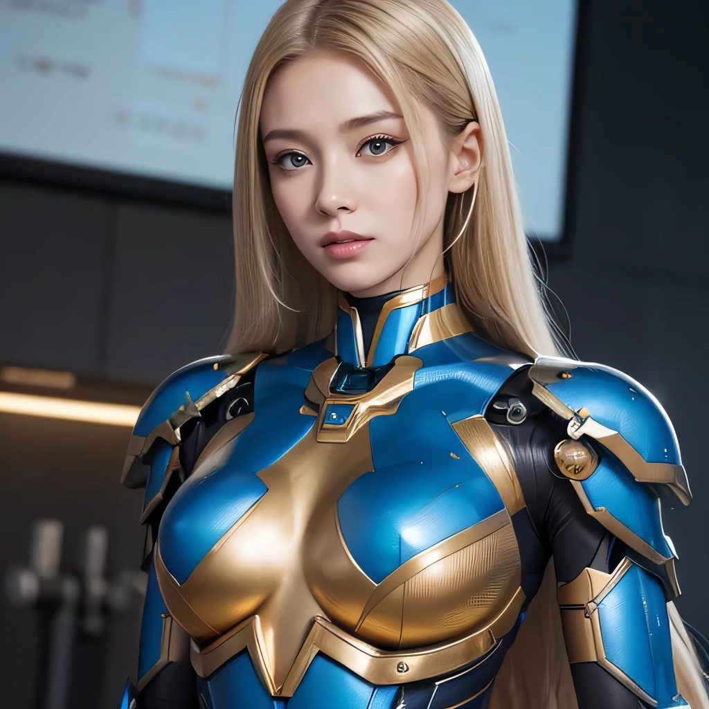 Textured skin, Very detailed, Attention to detail, high quality, 最high quality, High resolution, 1080P, , beautiful,(Super Heroine),Missile Guide,Beautiful cyborg woman,Mecha Cyborg Girl,Battle Mode,A girl with a metallic blue and gold mecha body,she&#39;Armed Combat Cyborg、Equipped with combat mechs,Full Body Shot、Diffuse reflection of laser light