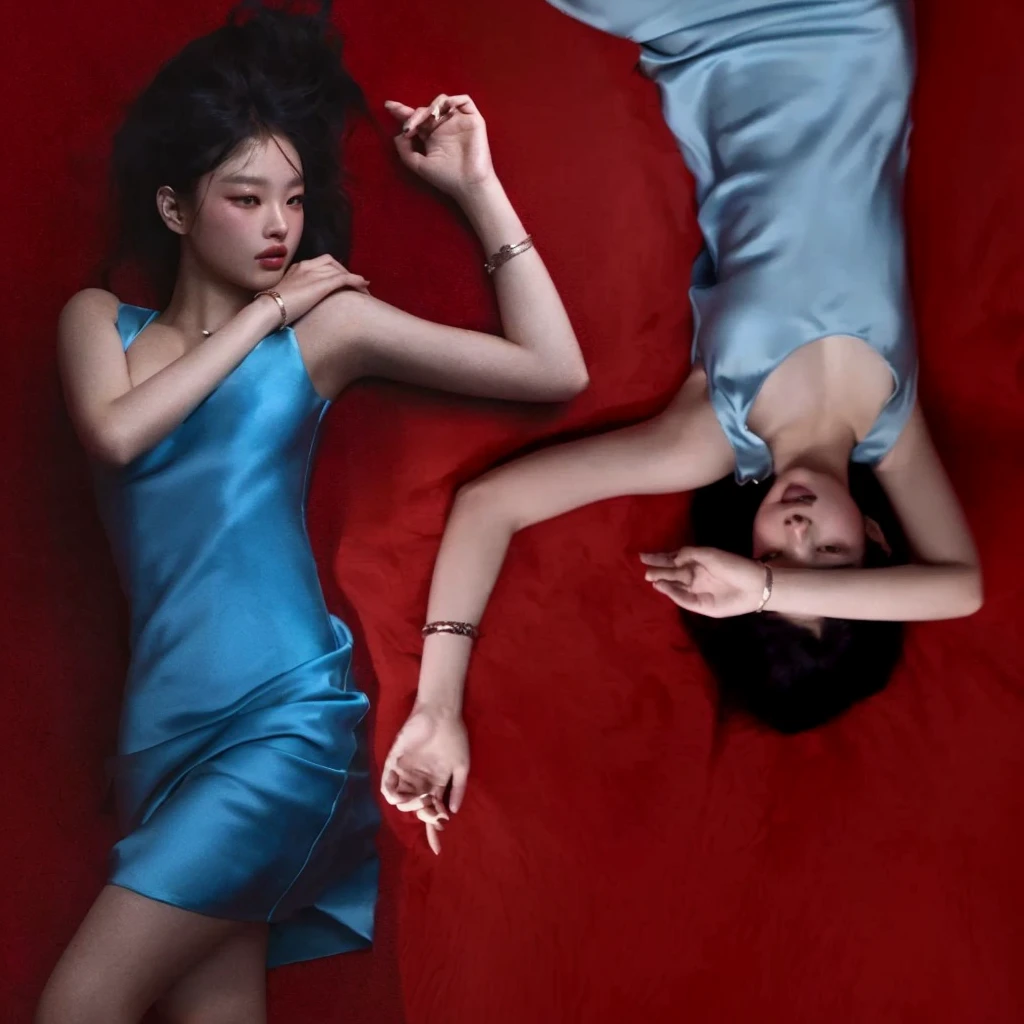 two women in blue dresses laying on a red surface, in style of kar wai wong, wu liu, jingna zhang, in style of nan goldin, promo art, kan liu, ruan jian, promo still, laying on their back, mingchen shen, roberto ferri and ruan jia, ruan jia and fenghua zhong jennie kim, jennie blackpink, twins, jennie 