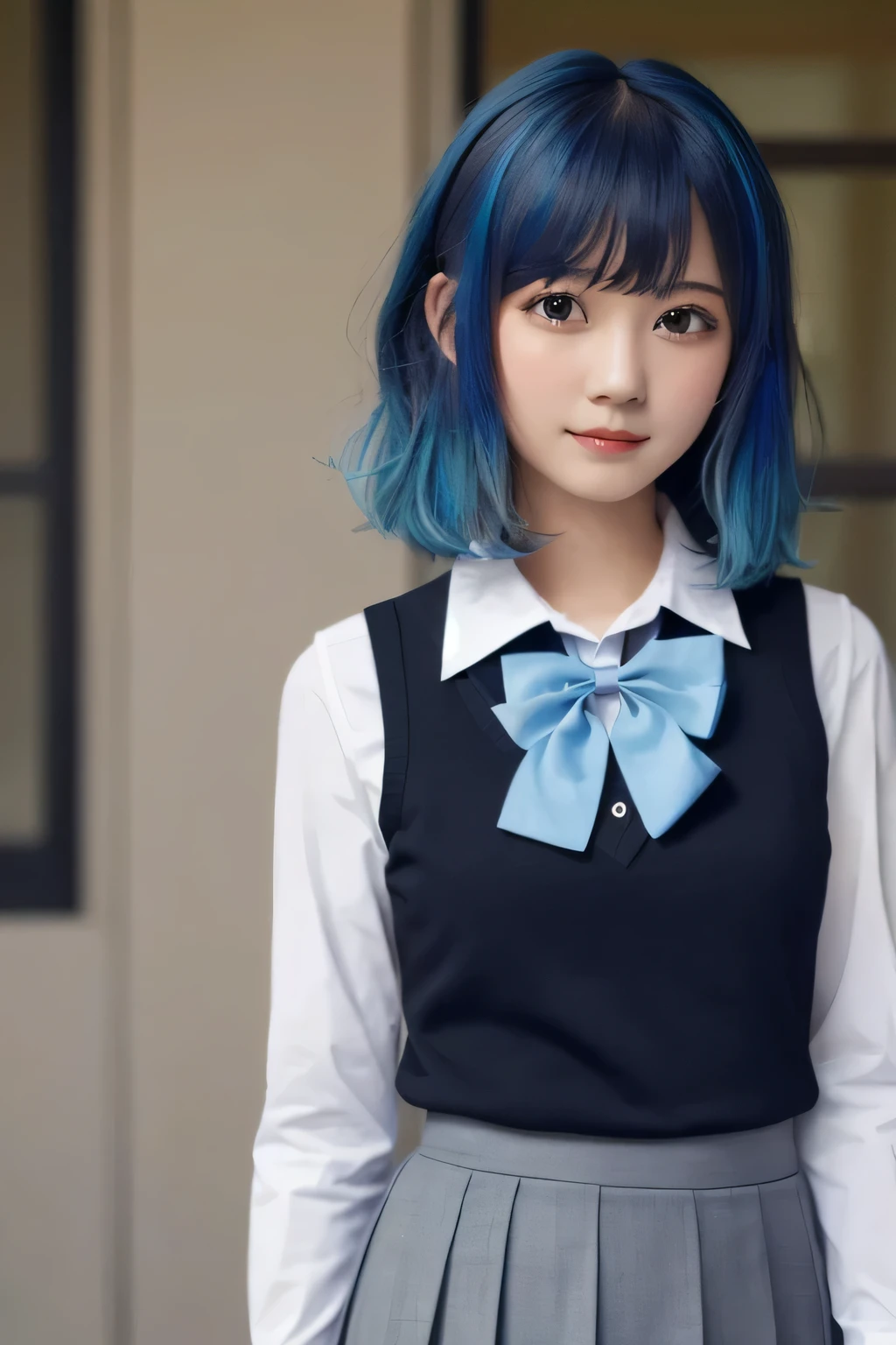 masterpiece,Highest quality, Ultra_resolution, Very detailed,
One girl,Hamakane, Blue Hair, Medium Hair, Gradient Hair, Medium chest,
 Blue bow tie,Collared shirt, Black vest, Long sleeve, Pleated skirt, Grey Skirt
