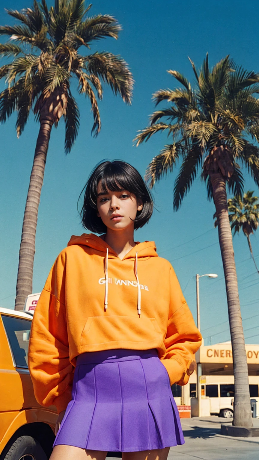 long shot portrait of cute 23 yo girl ,wear ((orange color oversized hoodie)), wear ((purple tennis skirt)),looking viewer,Best Quality,Masterpiece,Ultra High Resolution,(Realisticity:1.4),Original Photo, 1Girl, light leak,ultra high resolution,UHD,beautiful, (black bob hair), almond eye, no makeup, in front of ((80's gas station)), (realistic:1.2), (very detailed:1.1), ((masterpiece)),summer, blue sky, palm trees,sunny, los angles vibes,film camera, 800mm lens,style of Philip Lorca diCorcia