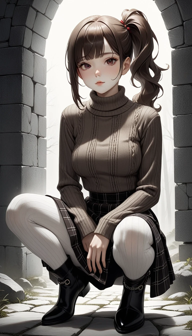 (very aesthetic, best quality, Extremely detailed), Intricate details,
1 Girl, beautiful girl,
Advanced, European, Maroon eyes, pale cheeks, Square face，Angular chin,Nature "no-cosmetic" cosmetic,
Pilgrim accommodation,
Wearing ribbed Aran sweater，Tucked into plaid midi skirt，Pair with high-heeled ankle boots and transparent stockings ,
Dark brown hair ,
Side Ponytail ,
Upper Body ,
From the front ,
Crouching,
Cheerful and lively, Surrealism,
Dark theme,
Soothing Tones,
High contrast,
Nature skin texture,
Soft Light,
sharp,
Art Photography,