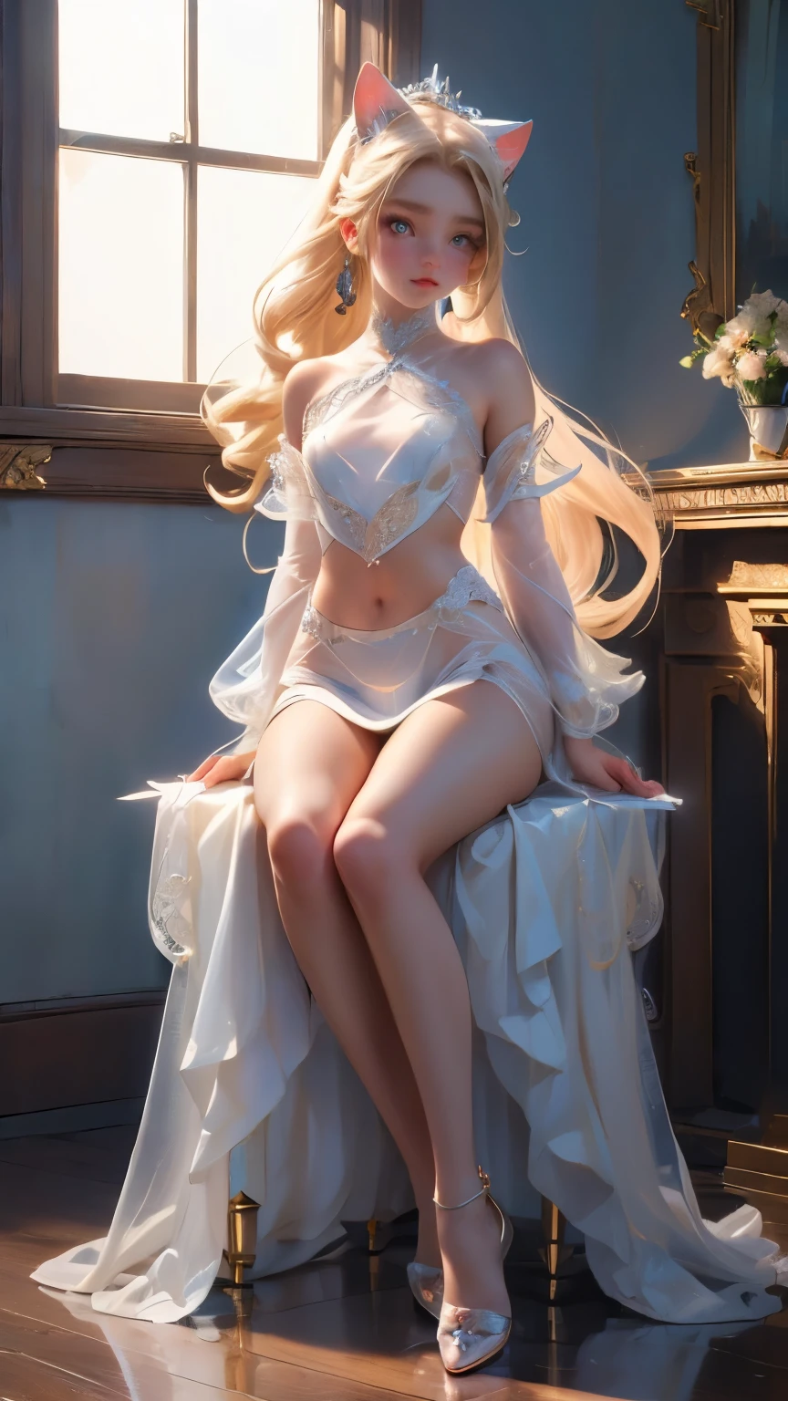 ( Girl full body :1.7)((Best quality), , ((masterpiece)), (detail:1.4),( beautiful girl:1.6),(panoramic:1.2,Full Body Love:1.2) ( sit :1.3) (Glowing skin:1.2) ( Realistic underwear:1.2) Beautiful ImageMeerry Roze,, , Sleek white clothes , (Transparent clothes :1.2), Cat headdress, Blonde Ponytail, blue eyes,, Cat's Tail ,cosmetic, Blushing delicate face, The right hand , Pantyhose , (small legs Spread up to the sides sit on the floor:1.3)wallpaper,, Beautiful style ,Rule of Thirds、(Best quality,Best Price,masterpiece,Official Art,Lighting Effects,4K)