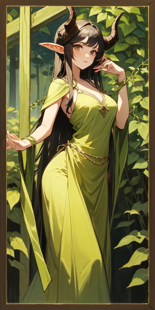 Mature dryad girl, (full lips: 1.2), long messy auburn hair with leaves woven in, pointed ears, green eyes, hourglass figure, green forest dress