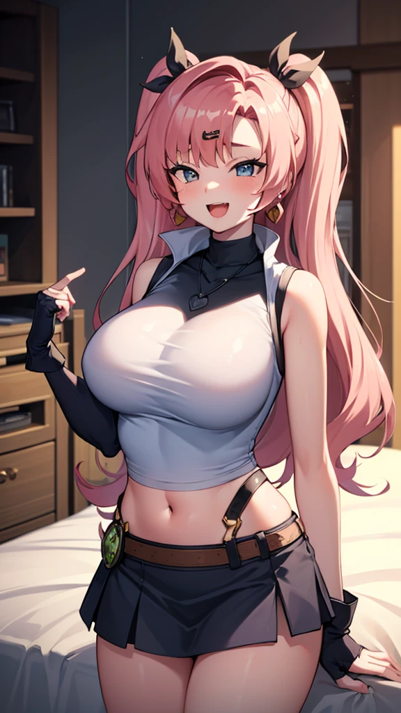 masterpiece, best quality, highres,1girl, solo, ta1, white jacket, sleeveless, blue skirt, fingerless gloves,  makurada junko, turtleneck, white vest, sleeveless, high collar, belt, blue miniskirt, huge breasts, arrogant, laughing, open mouth, cowboy shot, indoors, bedroom