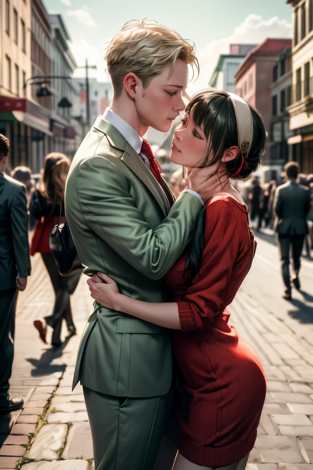 (realistic, photo-realistic:1.4), (masterpiece, best quality:1.2), high resolution, intricate details, extremely detailed, realistic and sharp details, (full body), couple, hetero, (1girl, hairband, red sweater dress, short dress), (1boy wearing business suit, light green suit), couple hugging each other, kissing, photo background, outdoors,