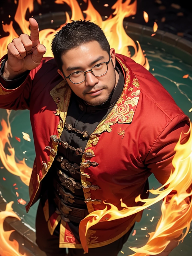 crew cut, (((full body))), (((landscape))), mature man, [slightly fat], asian man, rounded face, brown eyes, ((rounded face)), glasses, balding, 1boy, Solo, (big shoulders), (((stubbles, Short beard))), (Chinese warlord without a beard:1.2), (Dancing flames:1.2), (Slender young beautiful Chinese man:1.2), (beardless Chinese warlord in bright red armor:1.2), (Fearless smile:1.0), (Flames clinging to his body like a whirlpool:1.2),
(Swinging his right hand high above his head and his left hand straight down:1.2), (The flame shines brightly in the darkness:1.2), (Well-proportioned, beautiful body:1.0),