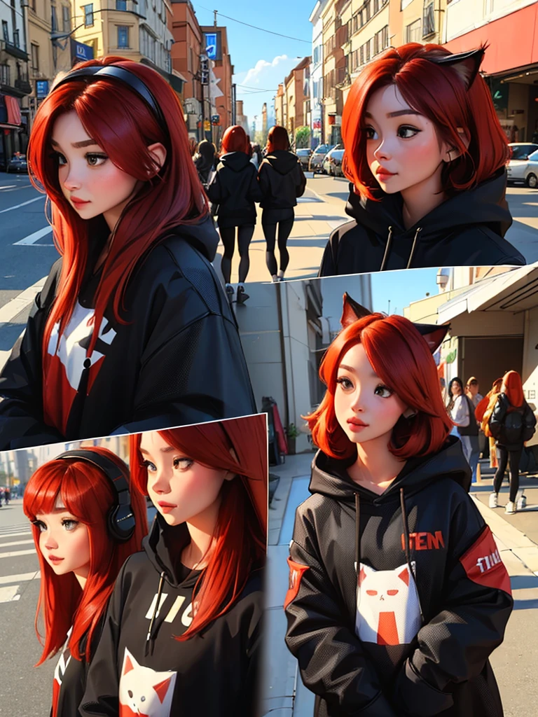 (((only one woman))) , beautiful girl, bob style red hair, brown eyes, cute cat ears , wearing gaming hoodie ,she is a gamer , wearing headset , high res, ultrasharp, 8K, masterpiece, looking at smartphone 