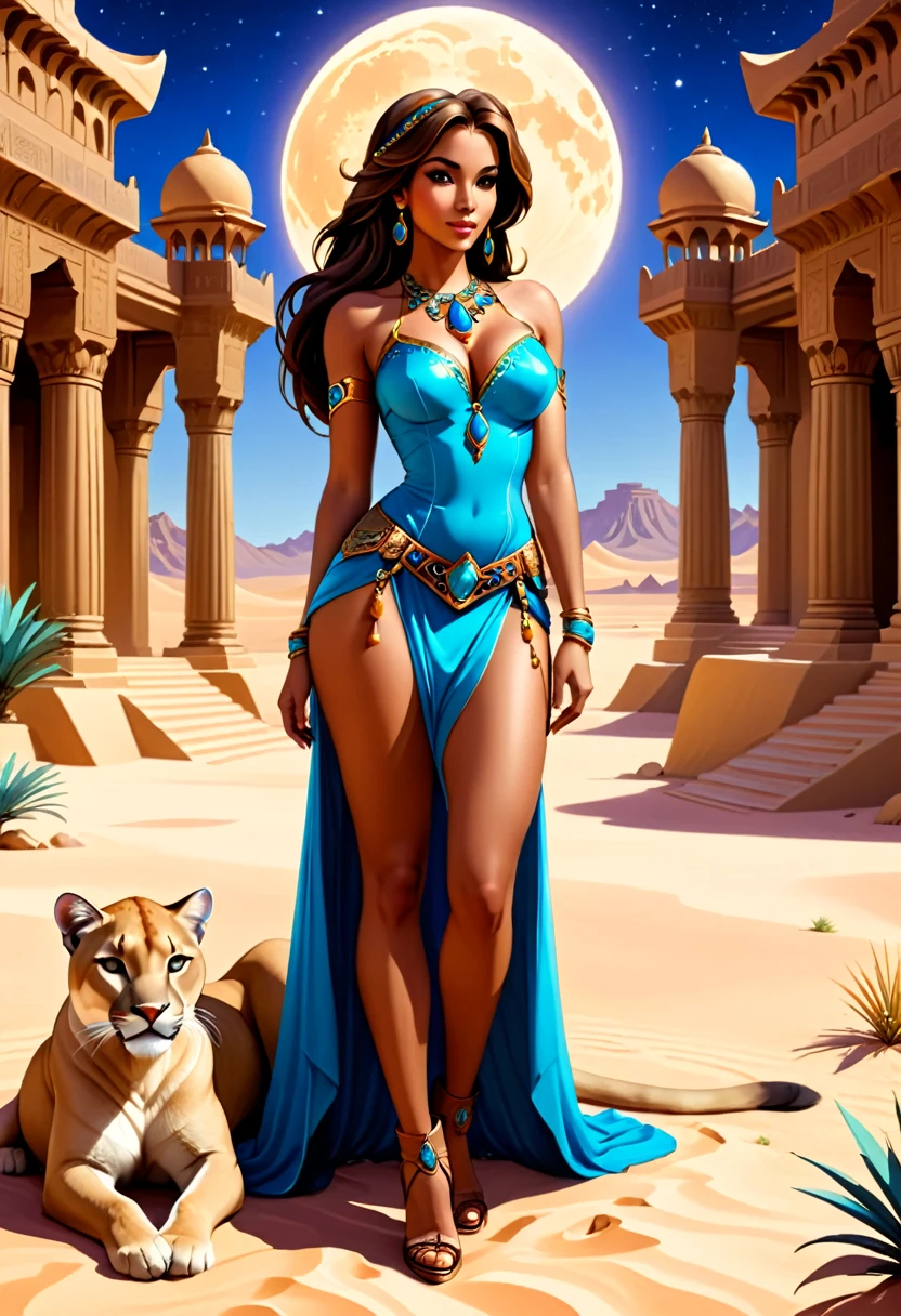 Arafed picture of a desert princess BREAK and her pet cougar in her palace high details, best quality, 16k, f a female human princess and her pet cougar, princess of the desert, full body, ((anatomically correct: 1.5)) standing proudly royalty demeanor, a woman, (best detailed face: 1.5), Ultra Detailed face, wearing royal desert dress, decorated with gems, small , thigh high intricate leather high heeled boot, thick hair, long hair, brown hair, tan skin intense brown eyes, her desert large cougar lying at her feet, guarding her, an epic fantasy desert palace in an oasis in the background (intricate details, Masterpiece, best quality: 1.5) night, moon light, stars  ,Wide-Angle, award winning, best quality, high quality, high details, highres, vibrant, Ultra-high resolution, High Contrast, (masterpiece:1.5), highest quality, Best aesthetics, best details, best quality, highres, ultra wide angle, 16k, [ultra detailed], masterpiece, best quality, chumbasket art style, 