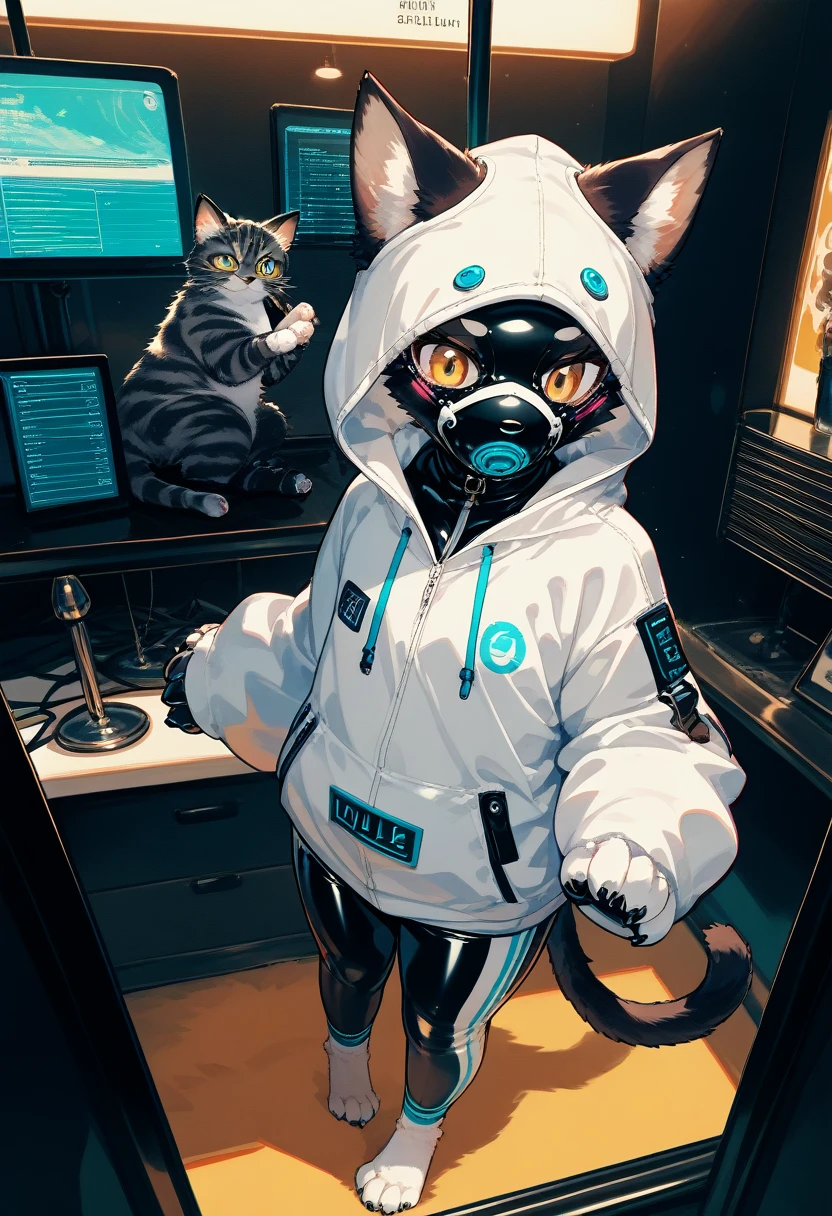 Highest quality, Highest quality, High quality illustrations, masterpiece, Ultra-high resolution, Detailed Background, Games Room, Absurd, Perfect Anatomy, performance, Good lighting, Shadows in the movies(kemono, Furry PersonifiCation), Cat, Dark Skin, Rubber suit, Rubber suit, latex, neon, neonライト, neonカラー, Rubber spats, White rubber hoodie, Rubber mask, ribbon, Embarrassing, Null bulge, male, juvenile, From above