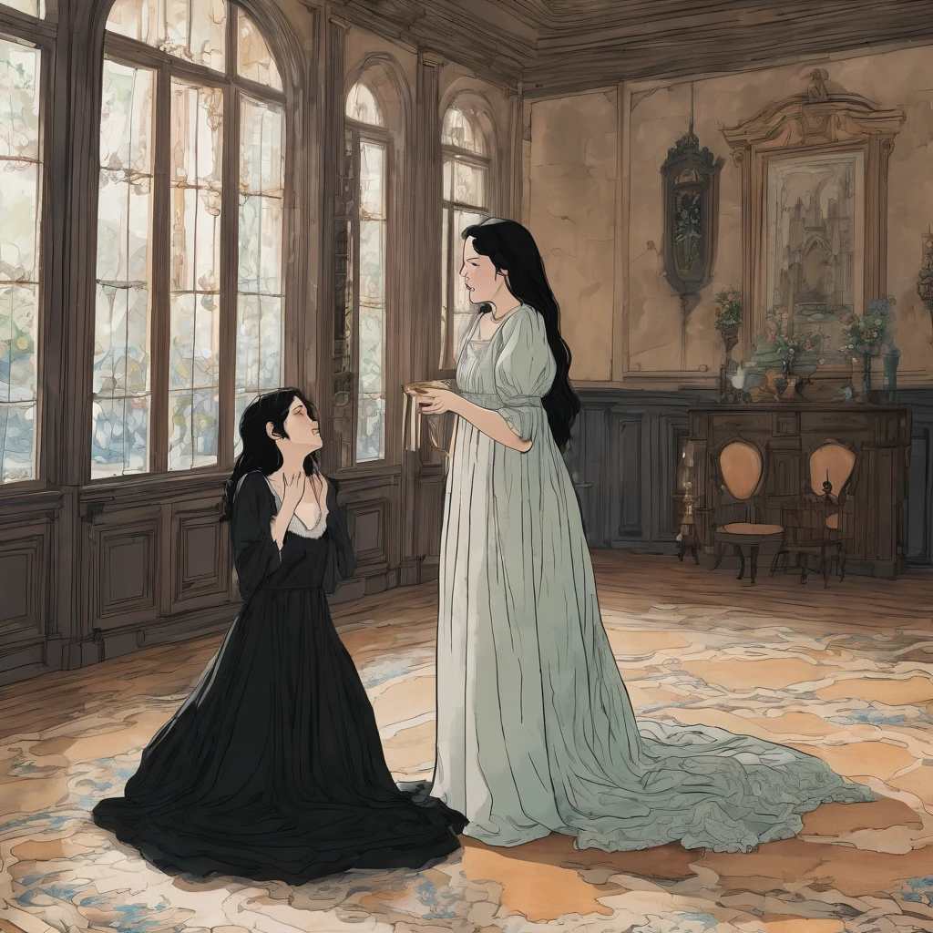 The place is in a castle, specifically in the dining room on the floor a young woman with wavy black hair who is wearing a nightgown, she cried while an elderly woman hugged her