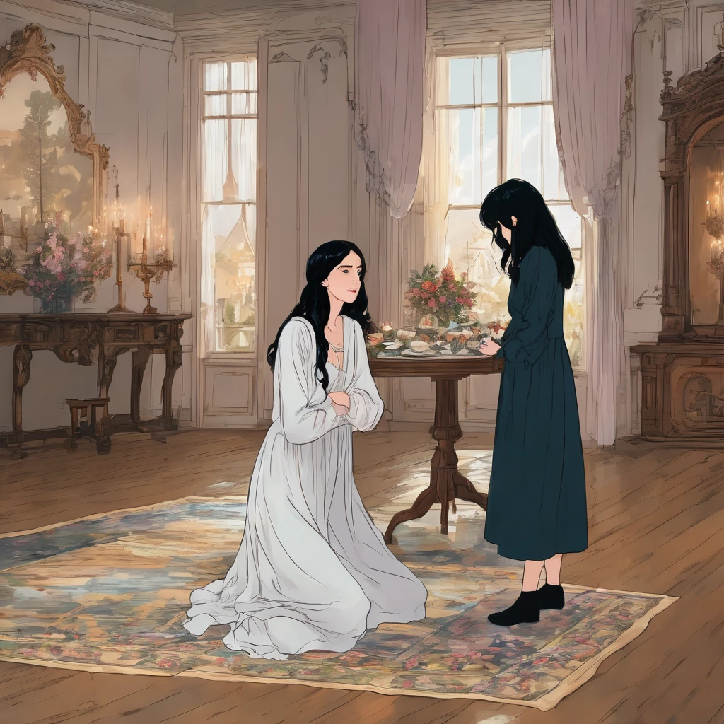 The place is in a castle, specifically in the dining room on the floor a young woman with wavy black hair who is wearing a nightgown, she cried while an elderly woman hugged her 