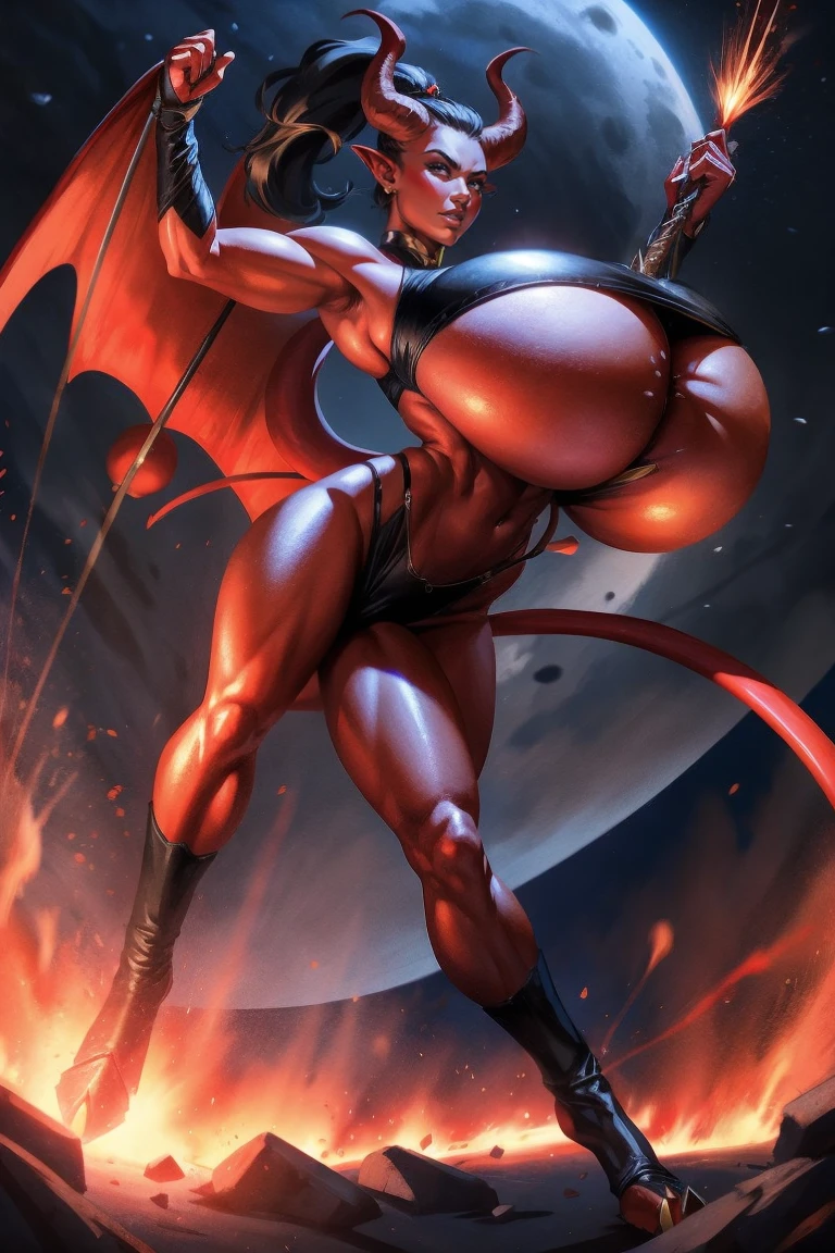 Red skin succubus tiefling, digitigrade legs, full breasts, huge breasts, black horns, wings, huge tail, black leather, crop top, long flowing pelvic curtain, tall, athletic, graceful, thin, long black ponytail. Action scene, whip. Dark scene, explosions, night sky.