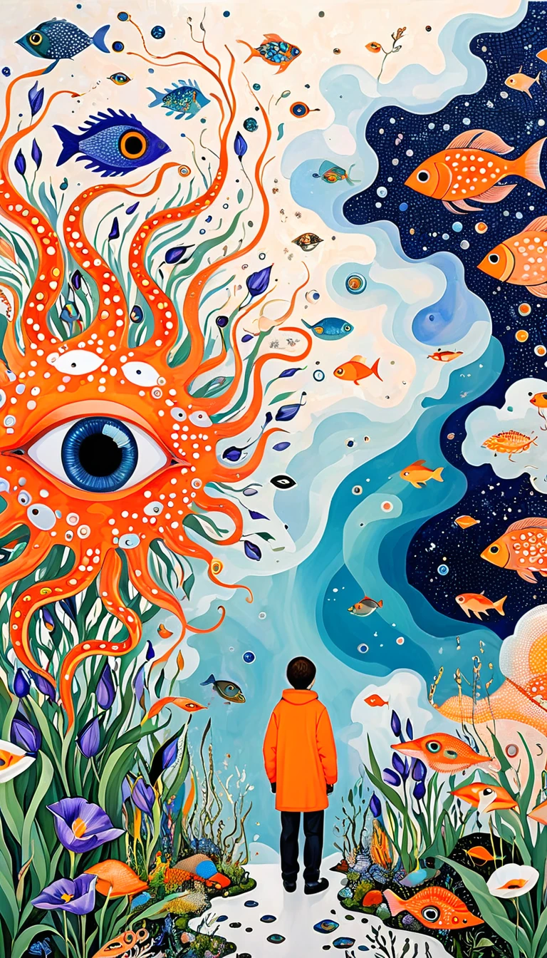 A cloud,、iris、fish、Tentacles、bird、Eye、diatom,Abstract mosaic painting,Describing the inner world of autistic people,Sense of space,White Space,interesting,Innocence,Psychedelic Art,Orange overall