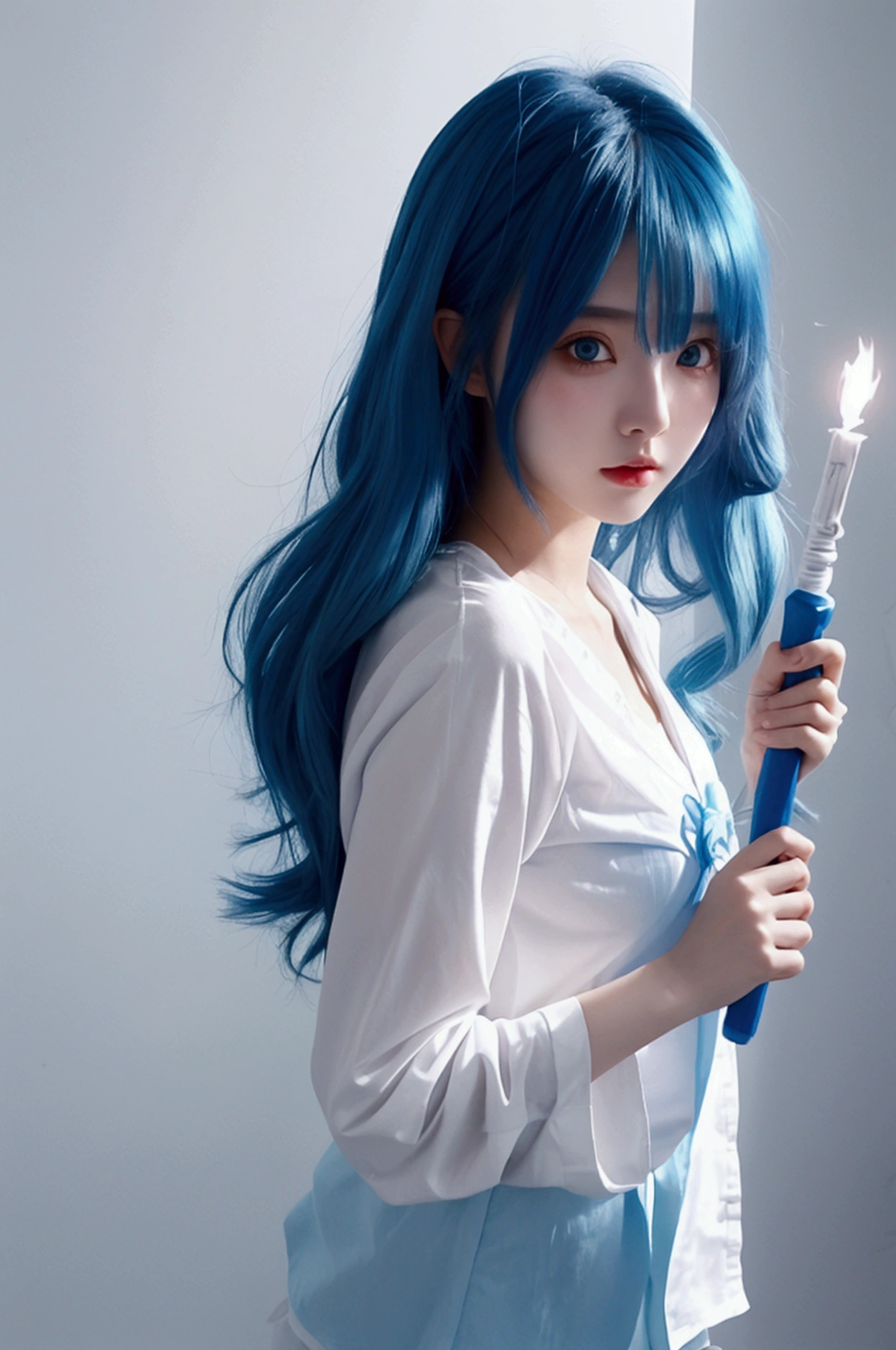Anime girl with blue hair and white shirt holding a magic wand