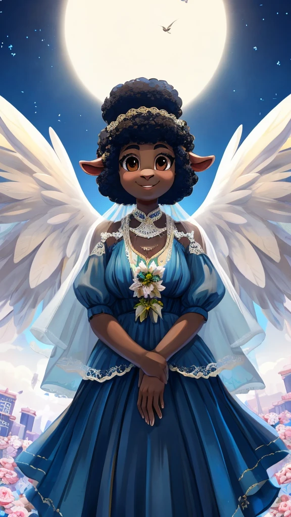 One cute anthro, black sheep woman, anthro black sheep, angel, sheep furry, sheep angel, black sheep, innocent, motherly, androgynous, dark skin, black woman, short afro hair, black hair, ((cartoony)), ((cute)), smiling, cute clothes, modest clothes, adorable, light color scheme, white and gold color scheme, old, elderly woman, cartoony, adorable, sheep tail, brown eyes, angel wings, bustling city, big city, heaven, white buildings, angels, wearing a white wedding dress, wedding dress, vintage wedding dress, cottagecore wedding dress, 