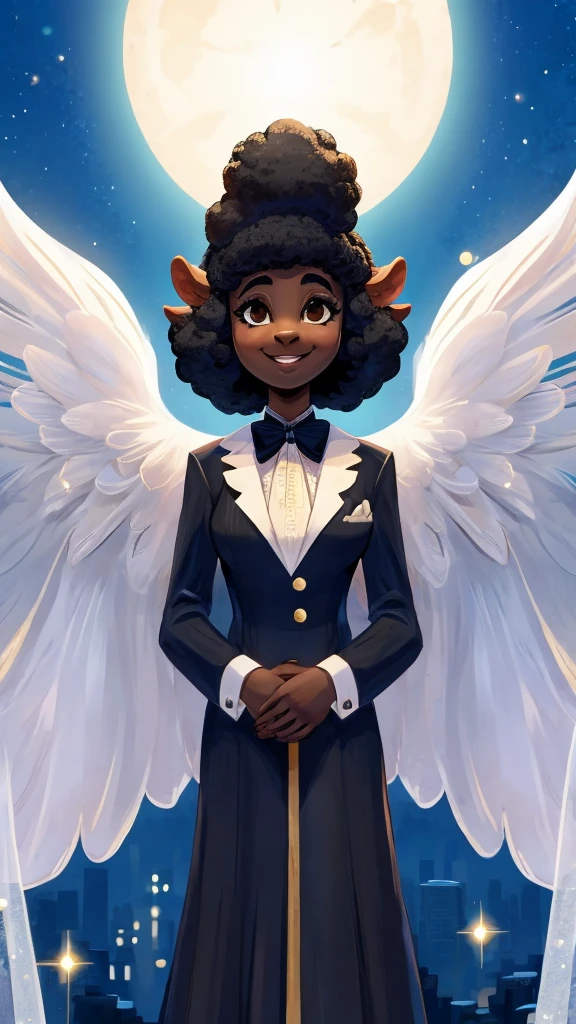 One cute anthro, black sheep woman, anthro black sheep, angel, sheep furry, sheep angel, black sheep, innocent, motherly, androgynous, dark skin, black woman, short afro hair, black hair, ((cartoony)), ((cute)), smiling, cute clothes, modest clothes, adorable, light color scheme, white and gold color scheme, old, elderly woman, cartoony, adorable, sheep tail, brown eyes, angel wings, bustling city, big city, heaven, white buildings, angels, wearing a white wedding dress, wedding dress, vintage wedding dress, cottagecore wedding dress,