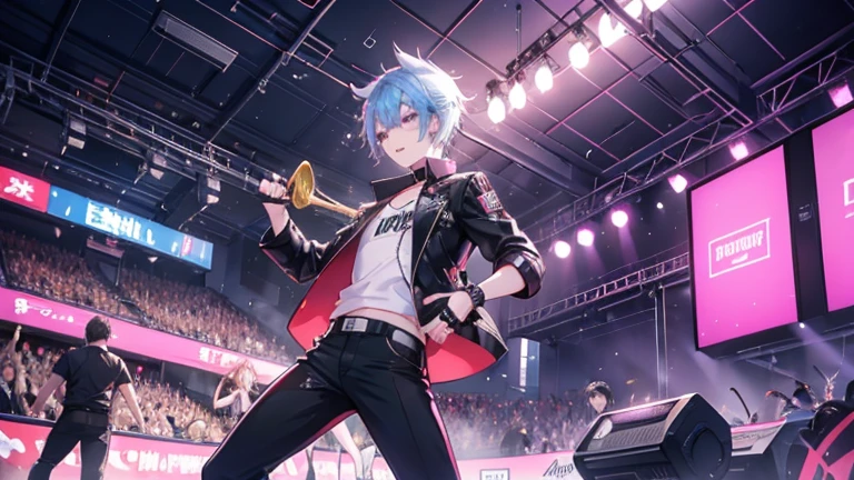 punkの集まりに行く, punk,Refreshing feeling, スピード感 Refreshing feeling, hot, Vibrancy,Youth Rebellion, A young man wearing a suit playing the trombone, Dancing crowd, live house