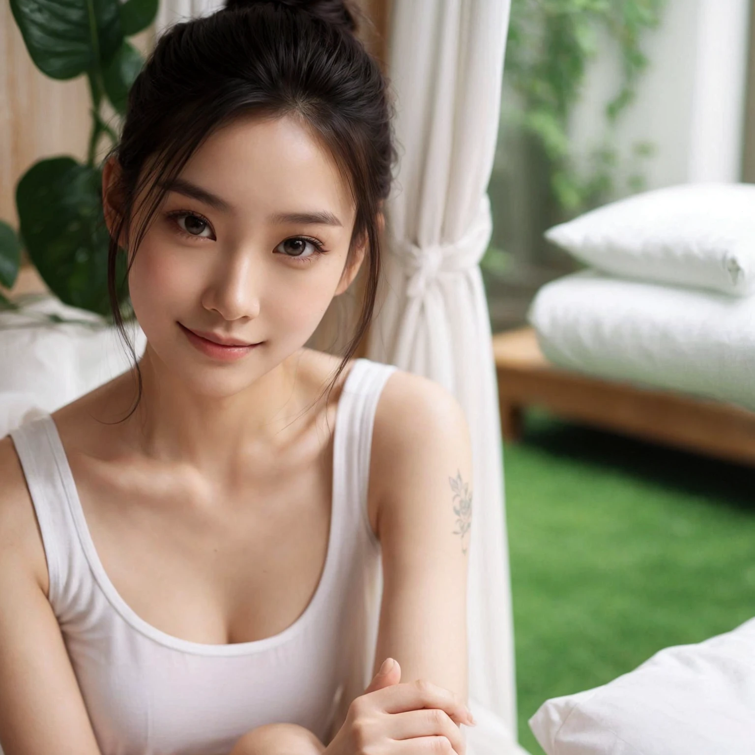 "A young asian woman with a fair complexion is sitting on a garden in a relaxed pose. She is wearing a white tanktop. She has her hair styled in a bun and has a tattoo on her upper left arm. The room has a soft and neutral color palette, with a bed that has white linens and light-colored curtains in the background. The woman is looking at the camera with a subtle smile. raining.