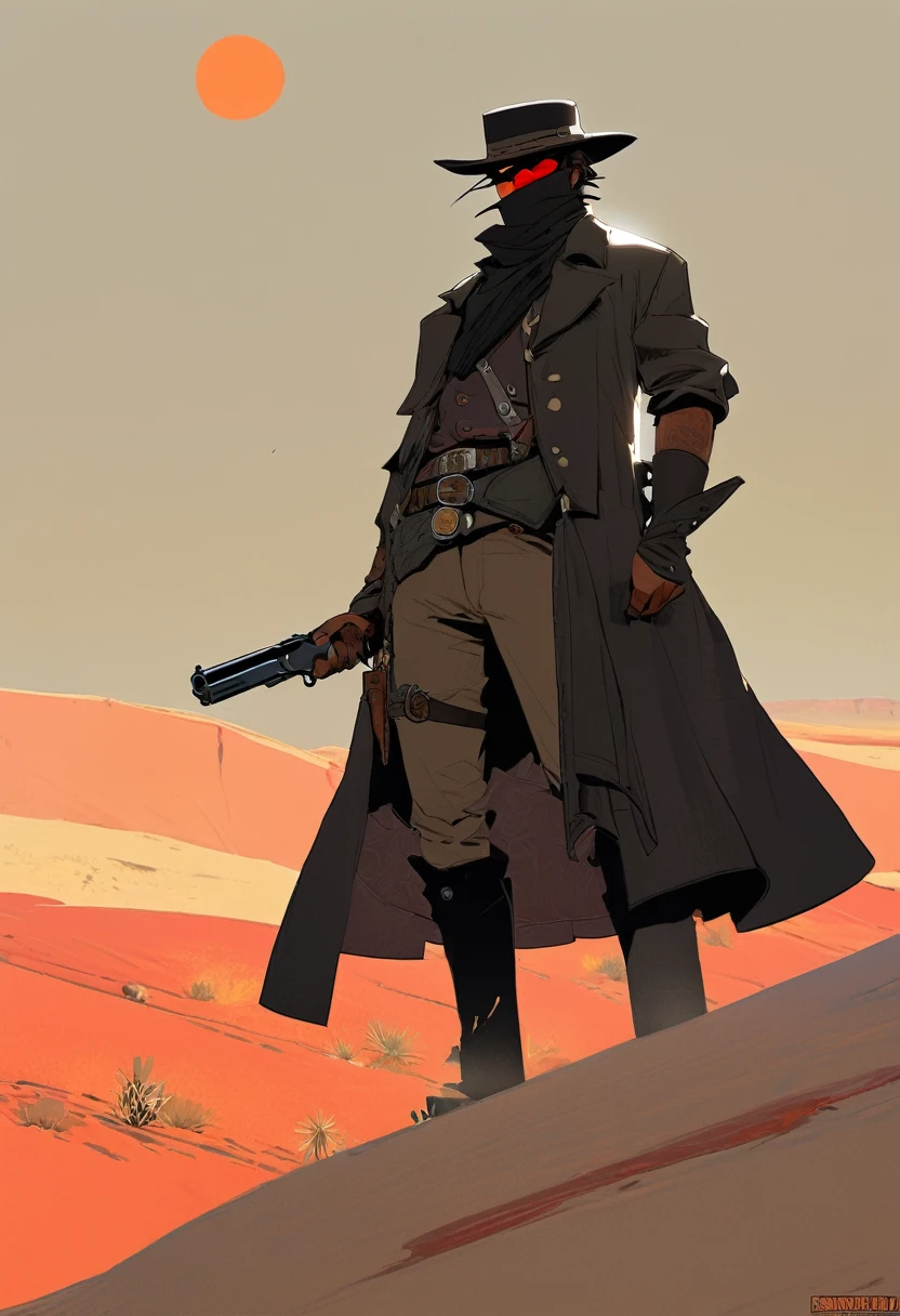 score_9, score_8_up, score_7_up, score_6_up, score_5_up, score_4_up, 1man, Western, Desert, red sun, scorching sun, arid, Horizon, far away, Wild West, red dead Redemption, cartoon art style, Holstered pistol, ready to draw, black hat, black overcoat, dark, Bandit, old west town, City, bloodborn, Hunter, fromsoftwere