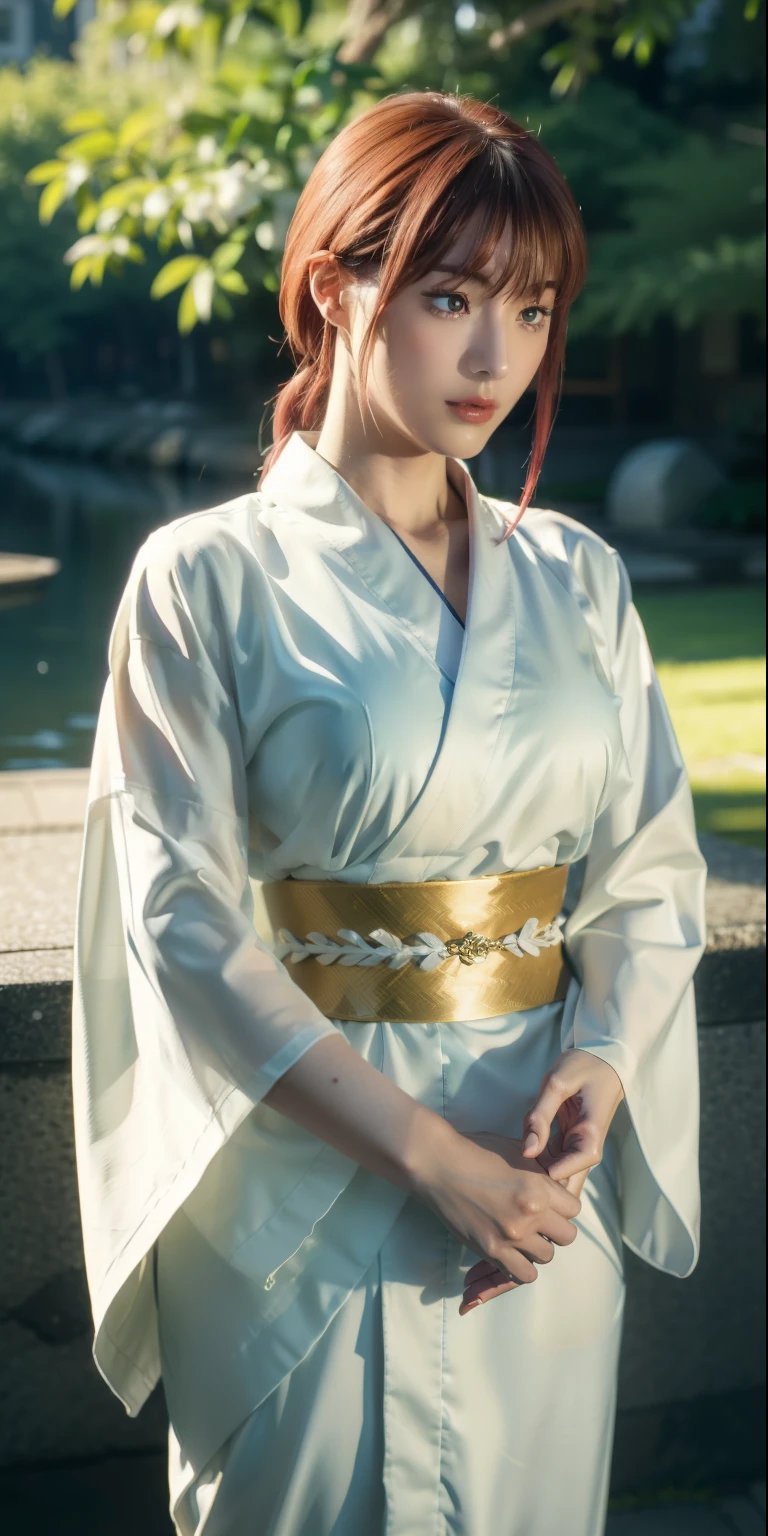 , (masterpiece), (best quality), (ultra-detailed), (extremely detailed cg), (a extremely delicate), (perfect lighting), (8k), (dynamic angle), (sharp image), vibrant colors, female, masterpiece, best quality, depth of field, cinematic lighting, masterpiece, best quality, ultra-detailed, colorful, vibrant, large breasts, thighs, mature female, solo, (masterpiece, best quality, high resolution, animescreencap, anime colored,), (perfect anatomy, beautiful detailed eyes, beautiful detailed body, beautiful breast, shiny skin), a sexy mature anime lady standing outside wearing japanese kimono, ((white kimono)) , japanese festival, night, moon, stars, looking at viewer, side bangs, red hair, ringed eyes, braided ponytail, side bangs, medium breasts, medium chest, outdoors ,arms above head, red lipstick