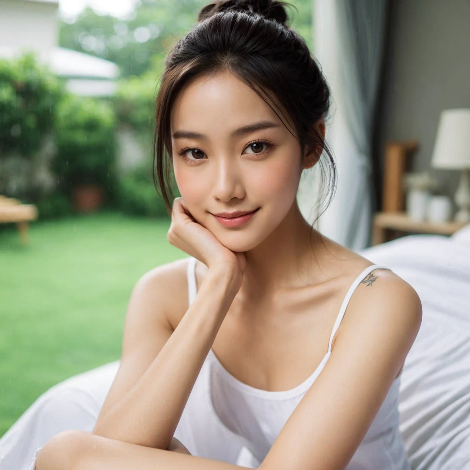 "A young asian woman with a fair complexion is sitting on a garden in a relaxed pose. She is wearing a white tanktop. She has her hair styled in a bun and has a tattoo on her upper left arm. The room has a soft and neutral color palette, with a bed that has white linens and light-colored curtains in the background. The woman is looking at the camera with a subtle smile. raining.
