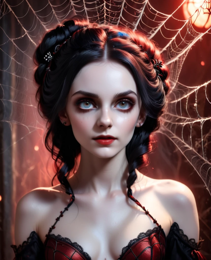 (Realistic:1.5), (((high resolution photo))), (((extremely detailed))), ((masterpiece)), (gorgeous gothic woman in black red spider's web), dramatic lighting, (cinematic light:1.1), full body, (cute sexy:0.8), (cute face:1.2), Pleasure, faded colours, depth of field, 35 mm, analog photo style, gothic background, red splash particles with small luminism, spiders around, sunset, red dawn, dark atmosphere, medieval, intricate hair, inricate small details, (pale skin), hair ornament, long black hair, (fantasy world), (textured skin:1.4)