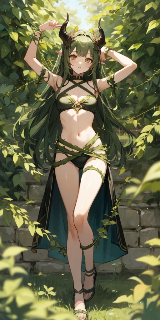 masterpiece, best quality:1.2, yellow medieval summer girl, concept, vines on the hand and horns from vines