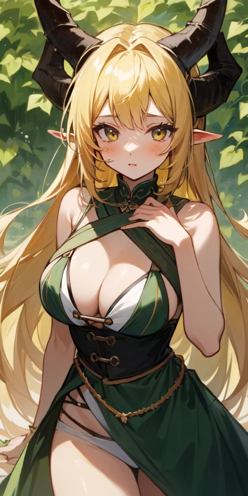 masterpiece, best quality:1.2, yellow medieval summer girl, concept, vines on the hand and horns from vines