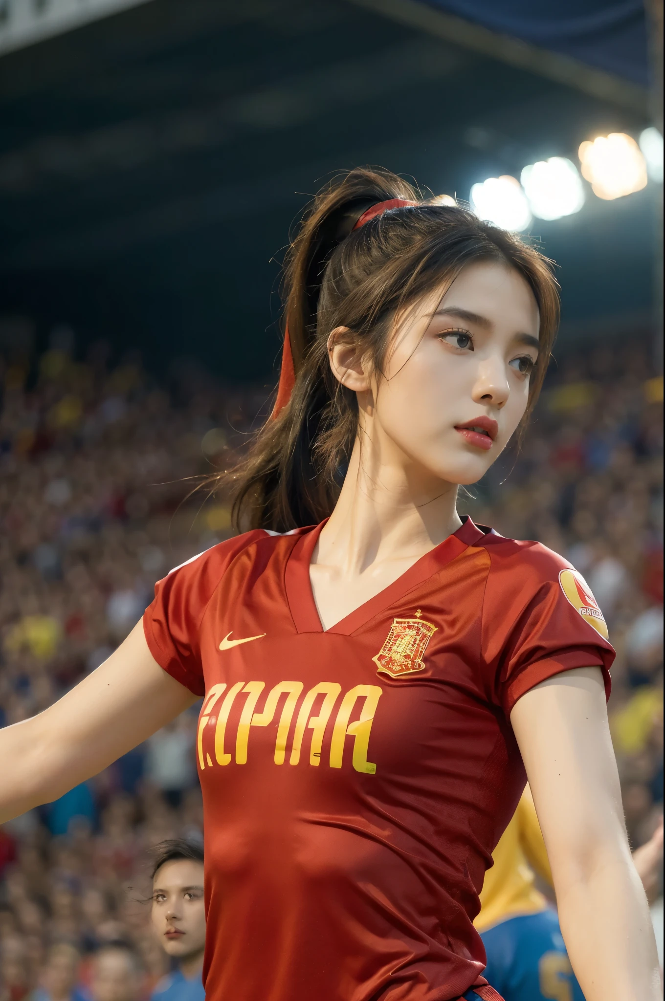(((best quality))),(((ultra detailed))),(((masterpiece))),illustration,((1 beautiful girl,female footballer,solo)),((small breasts,flat chest)),((slim,thin)),summer night,stadium,crowded stands,enthusiastic spectators,football match,(short ponytail:1.2),(short sleeves:1.2),((Spain team kit,red shirt,blue shorts)),(slender legs:1.2),(football:1.3),fluid movements,powerful,sweat,forehead,exhaustion,passion for football,purposeful running,electric atmosphere,crowd roar,critical juncture,pressure,undeterred,floodlights,luminous glow,long shadows,drama,breathtaking sight,raw passion,unbridled energy,determination,skill,embodiment of sport's spirit,strength,resilience of human spirit,(standing:1.3),((from front,upper body))