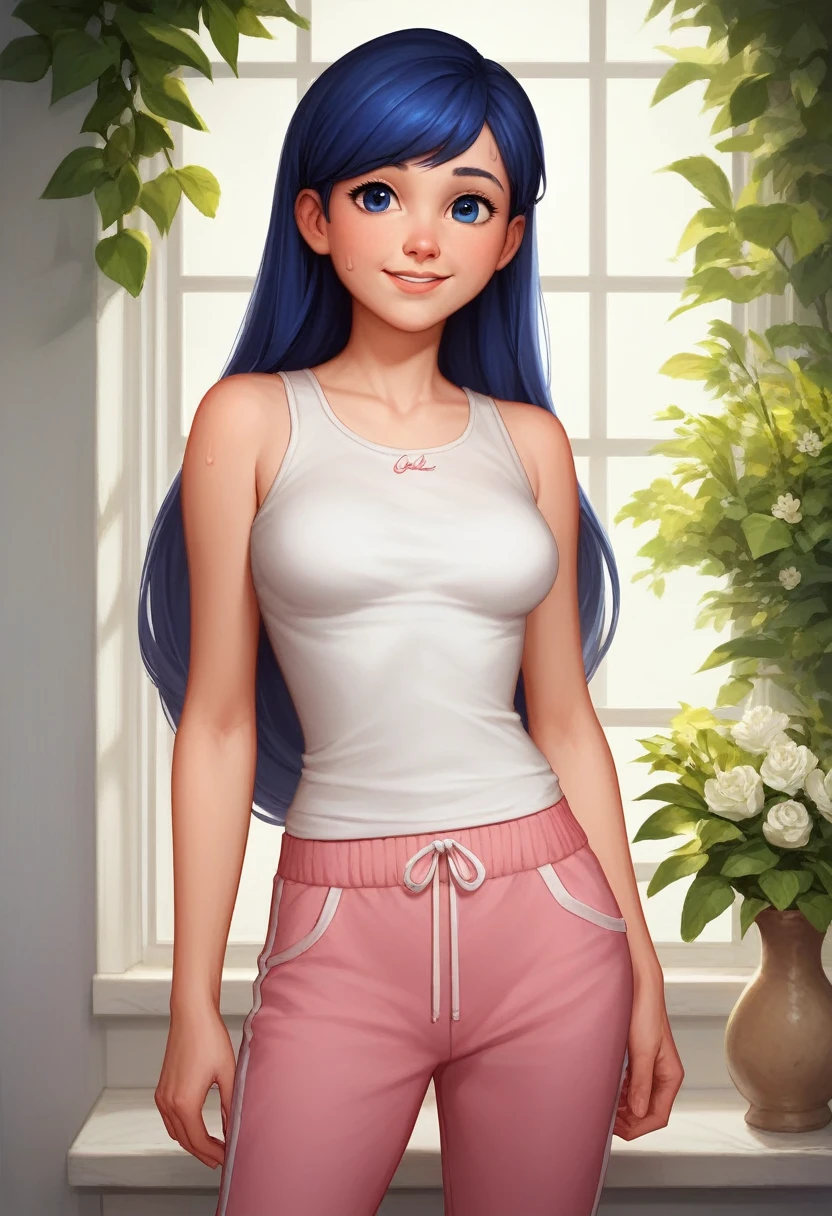 (8k, RAW photo, best quality, masterpiece:1.2), (intricate details), perfect eyes, perfect face, perfect lighting, beautiful, (masterpiece:1.2), (best quality:1.2), 1girl, solo, marinette, blue hair, ((long hair down)), adult torso, 17 years old, slight smile, medium sized breasts, (white sleeveless shirt, pink sweatpants), cowboy shot, 3DMM from behind