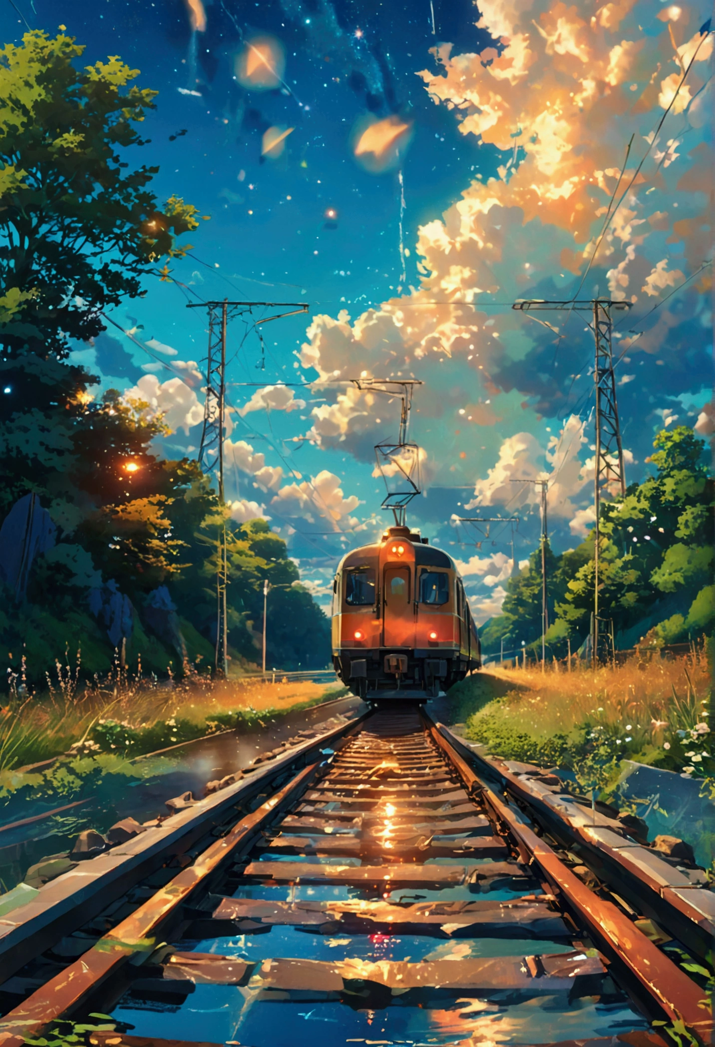 masterpiece, Animated train passing through water on the tracks, Bright starry sky. Romantic Train, Photo by Makoto Shinkai, irritating, Concept Art, Lofi Art style, reflection. by Makoto Shinkai, Lofi Art, Beautiful anime scene, Anime scenery, Detailed Landscape — Width 672, In the style of Makoto Shinkai, Makoto Shinkai's Style, Enhanced Detail.