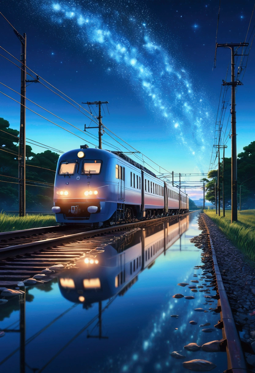 masterpiece, Animated train passing through water on the tracks, Bright starry sky. Romantic Train, Photo by Makoto Shinkai, irritating, Concept Art, Lofi Art style, reflection. by Makoto Shinkai, Lofi Art, Beautiful anime scene, Anime scenery, Detailed Landscape — Width 672, In the style of Makoto Shinkai, Makoto Shinkai's Style, Enhanced Detail.