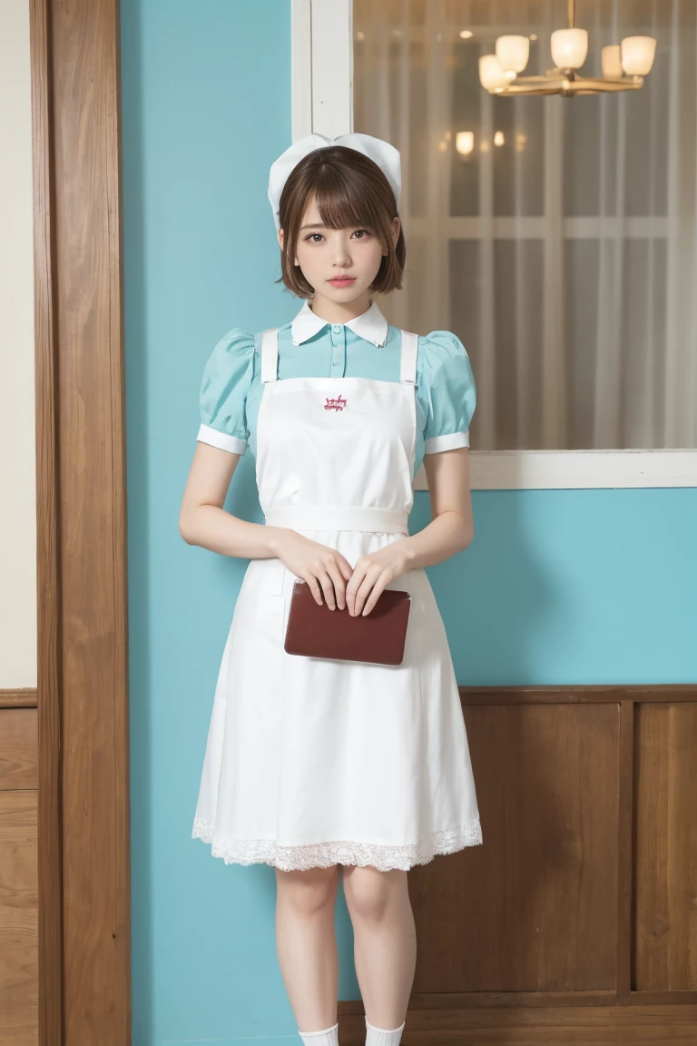 (One woman), short bob, 28 years old, Japanese, brown eyes, brown hair, slim figure, flat chest, flushed, flushed cheeks, flushed face
BREAK
///Fashions
Retro Diner Waitress Outfit
This outfit is inspired by classic American diners from the 1950s, The waitress dress is a bright pastel color, such as mint green or baby pink, with white piping and accents, The dress is knee-length with a full, flared skirt, creating a fun and playful silhouette, The bodice features a fitted waist, a rounded collar, and short puff sleeves,
BREAK
A white apron with frilly edges ties around the waist, adorned with a small pocket for holding a notepad and pen, The look is completed with white, lace-trimmed ankle socks and comfortable, low-heeled, Mary Jane shoes, accessorized with a matching headband or hair scarf,
BREAK