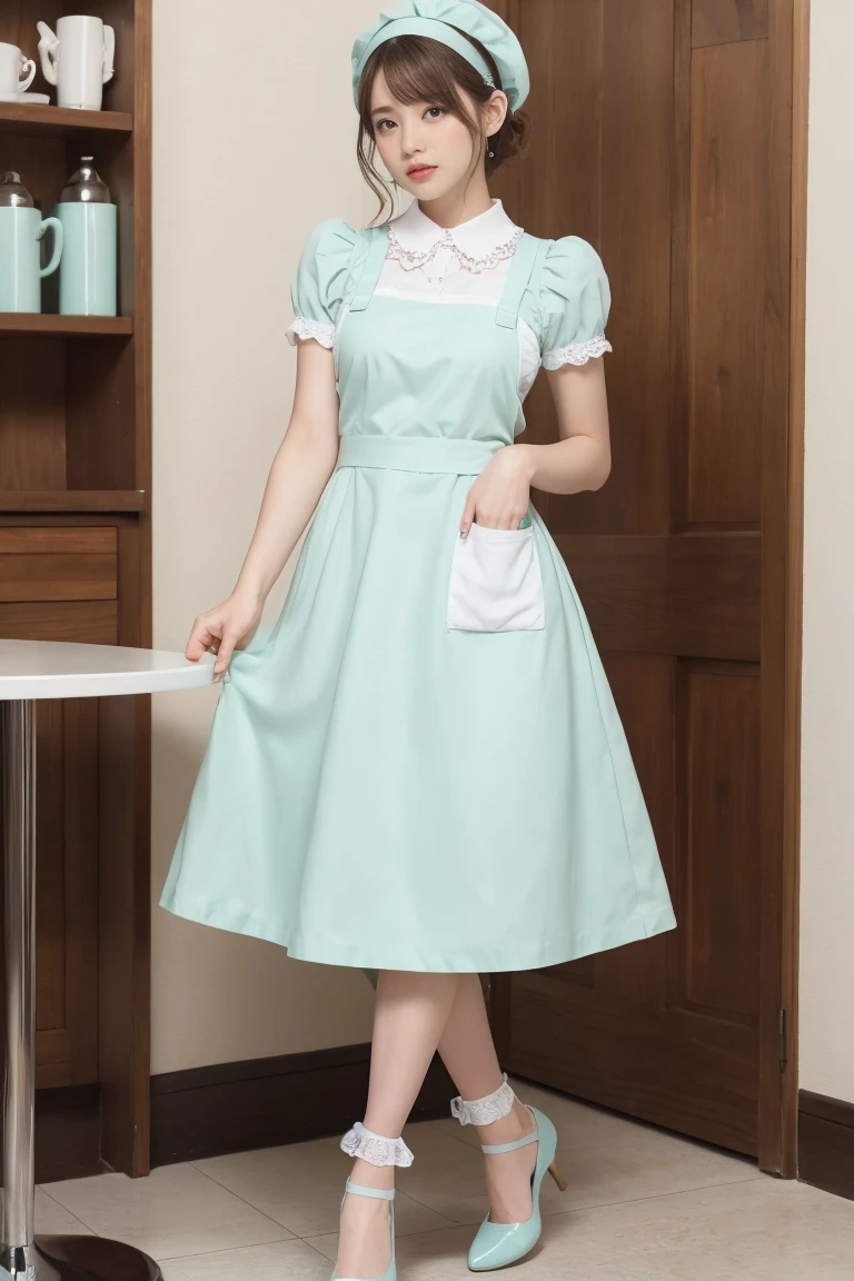 (One woman), short bob, 28 years old, Japanese, brown eyes, brown hair, slim figure, flat chest, flushed, flushed cheeks, flushed face
BREAK
///Fashions
Retro Diner Waitress Outfit
This outfit is inspired by classic American diners from the 1950s, The waitress dress is a bright pastel color, such as mint green or baby pink, with white piping and accents, The dress is knee-length with a full, flared skirt, creating a fun and playful silhouette, The bodice features a fitted waist, a rounded collar, and short puff sleeves,
BREAK
A white apron with frilly edges ties around the waist, adorned with a small pocket for holding a notepad and pen, The look is completed with white, lace-trimmed ankle socks and comfortable, low-heeled, Mary Jane shoes, accessorized with a matching headband or hair scarf,
BREAK