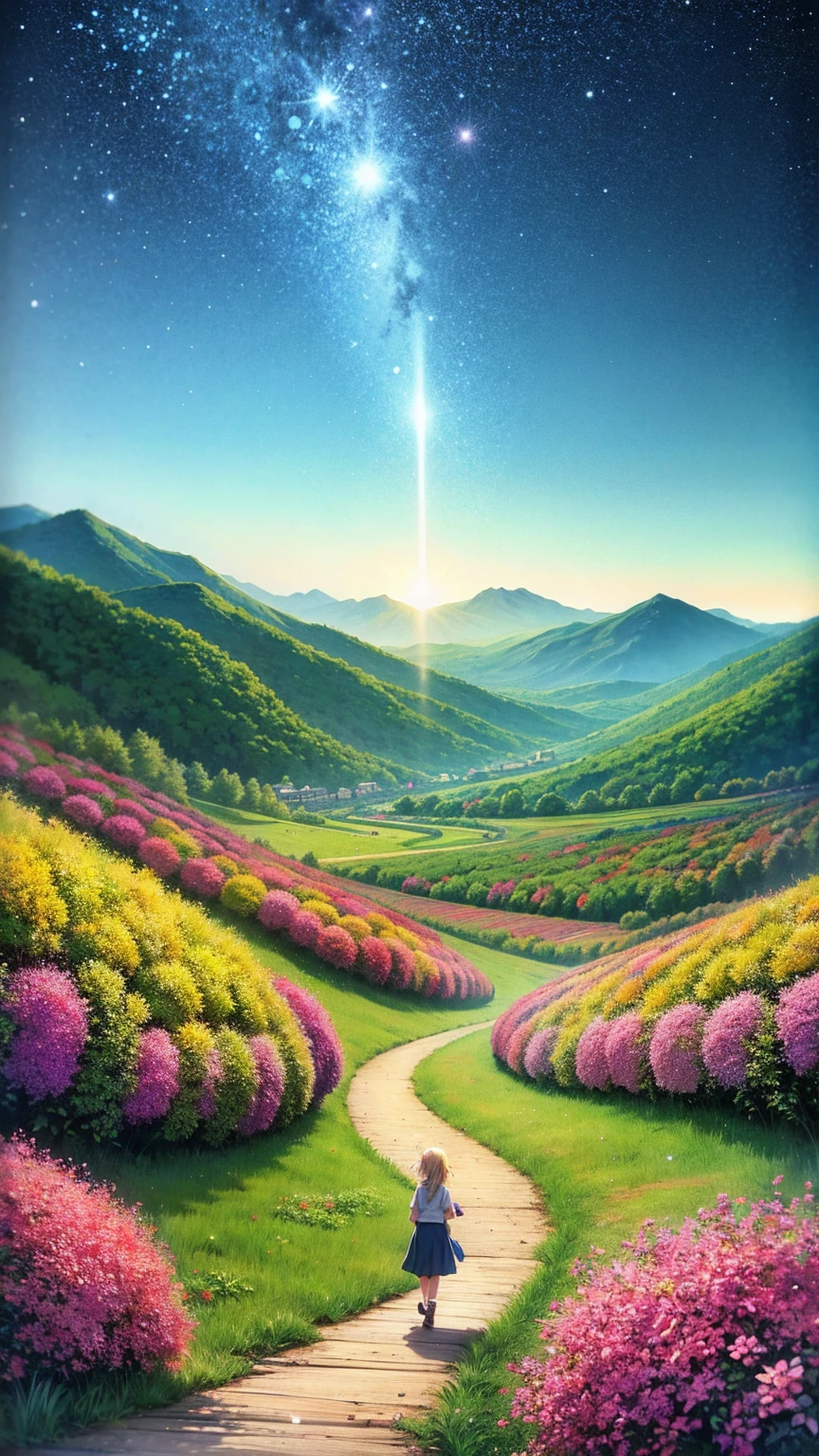 An anime-style illustration depicting a serene landscape where a young woman walks along a path. The grassland is abundant with glowing flowers and fireflies, with distant mountains under the night sky. The scene is illuminated by stars, creating a magical glow that overlooks a mountainous valley and the great castle of the kingdom. The artwork is rendered in a highly saturated and vibrant style, with intense and rich colors that vividly enhance the natural beauty. The lush greenery and cascading hills are depicted with strong, exaggerated colors, complemented by a clear blue sky and distant mountain peaks.