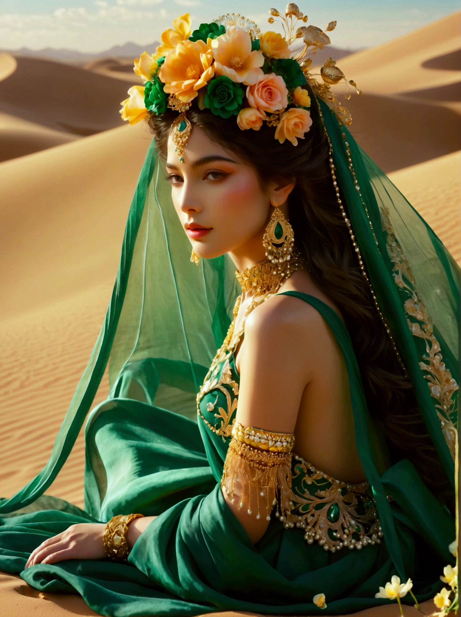 Depict an enchanting desert princess causing an oasis of vegetation to spring up in a barren desert, The woman walks across the desert, and as her feet touch the ground, plants and greenery flourish in her wake, She is adorned in an emerald and gold gown reminiscent of extravagant bridal attire, with a design that involves opulence and intricate detailing, which gives a nod to the aesthetic of pre-1912 fashion, From her dress flows a stream of water, enriching the ground and promoting plant growth, A crown made of flowers and jewels graces her head, while matching gold bracelets encircle her wrists. Her waist-length, windswept hair gleams silver under the desert sun