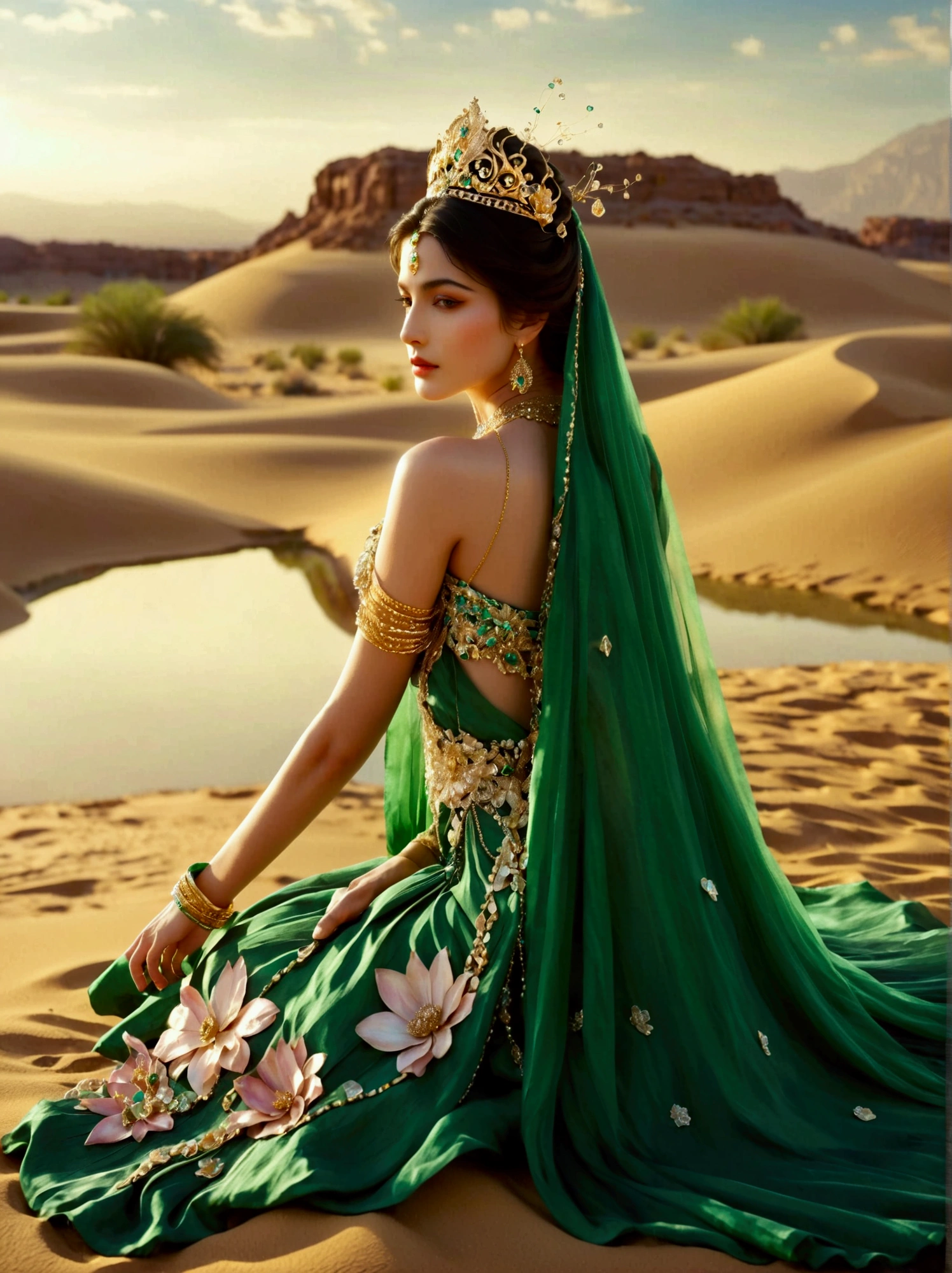 Depict an enchanting desert princess causing an oasis of vegetation to spring up in a barren desert, The woman walks across the desert, and as her feet touch the ground, plants and greenery flourish in her wake, She is adorned in an emerald and gold gown reminiscent of extravagant bridal attire, with a design that involves opulence and intricate detailing, which gives a nod to the aesthetic of pre-1912 fashion, From her dress flows a stream of water, enriching the ground and promoting plant growth, A crown made of flowers and jewels graces her head, while matching gold bracelets encircle her wrists. Her waist-length, windswept hair gleams silver under the desert sun