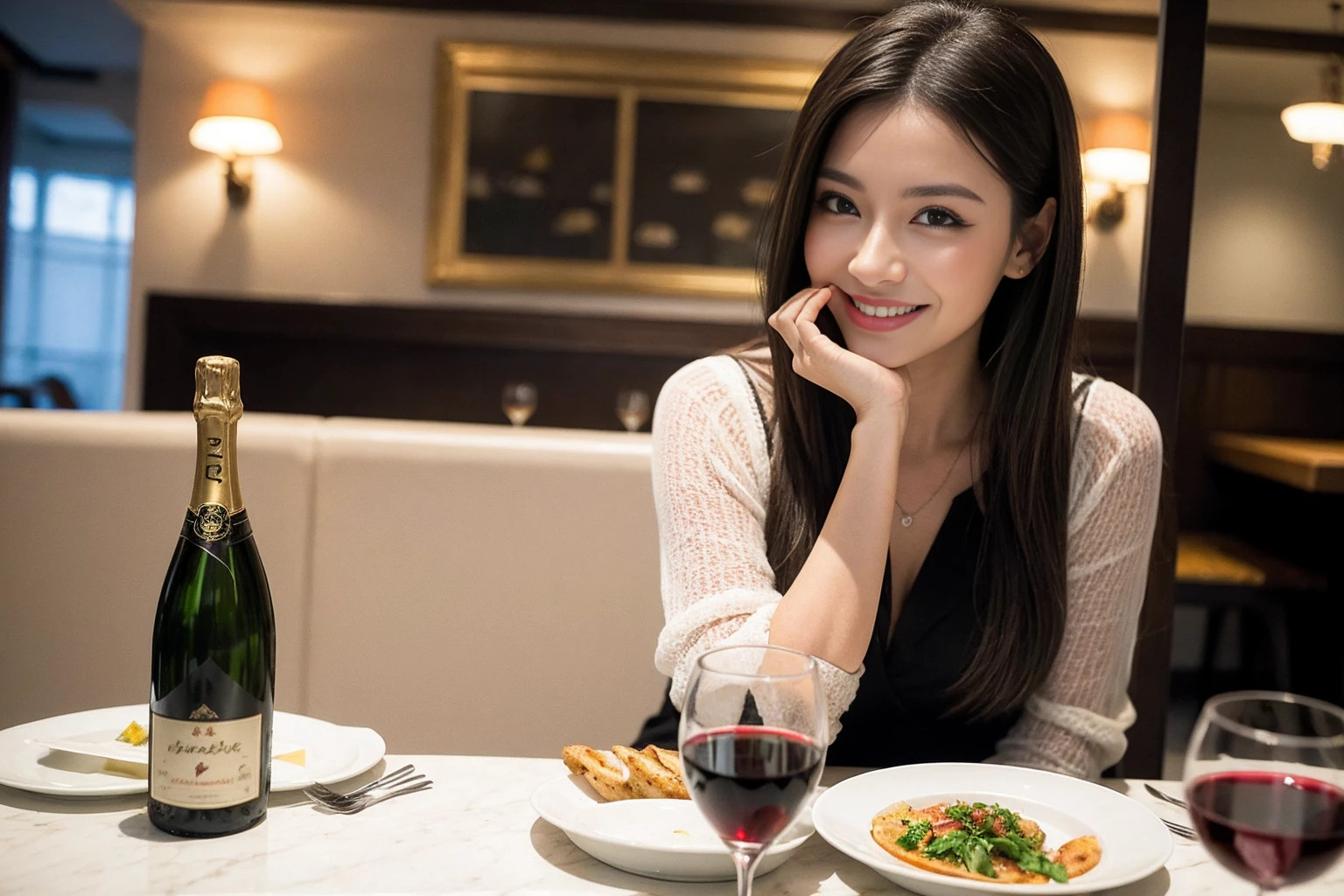 ((Highest quality、8K、masterpiece:1.3))、cute、slimカップル、modelカップル、actress男優、(Realistic, Intricate details:1.2), full-course dinner、Wine Party、Amazing view of the sunset sky and clouds、A bright smile、short hair,Bright Face、 (Age 45), 42 years old, red wine 、Appetizers、Italian food、Wine bottle、Champagne、sparkling wine、Two beauties、Brown Hair、Shortcuts、Long sleeve shirt、dress、Beautiful woman 1, (slimな顔), (The body is slim), (Brown Hair), (Shortcuts), cheeks turn a little red,Attractive beauty、restaurant, In a prominent place (From the waist up) Nova Frog Style, actress, model, Upper Body, White wine, slim, wine glass, 中央に置かれたwine glass, smile, (smile: 1.15), Beautiful fine grain, Depth f/2,saturation, High Contrast, Strong light and shadow,Moist Body:1.5、3D texture、Delicate eyes、Brown Hair、The hair is very shiny、