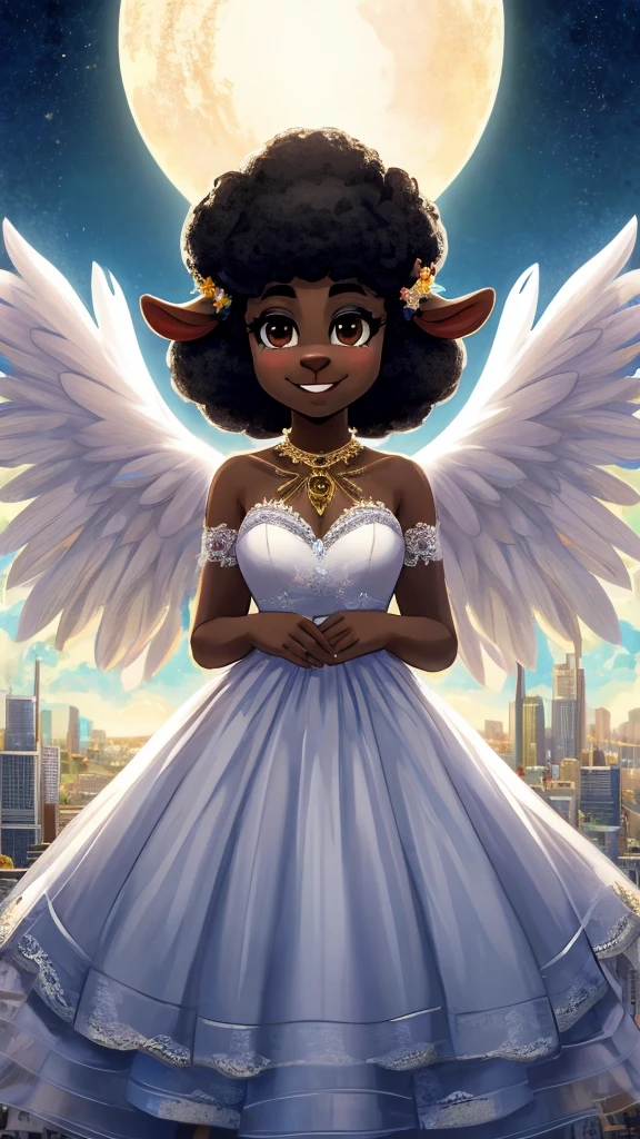 One cute anthro, black sheep woman, anthro black sheep, angel, sheep furry, sheep angel, black sheep, innocent, motherly, androgynous, dark skin, black woman, short afro hair, black hair, ((cartoony)), ((cute)), smiling, cute clothes, modest clothes, adorable, light color scheme, white and gold color scheme, old, elderly woman, cartoony, adorable, sheep tail, brown eyes, angel wings, bustling city, big city, heaven, white buildings, angels, wearing a white wedding dress, wedding dress, vintage wedding dress, cottagecore wedding dress,