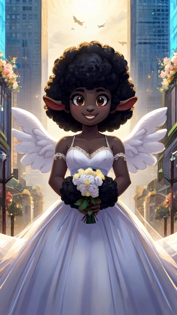 One cute anthro, black sheep woman, anthro black sheep, angel, sheep furry, sheep angel, black sheep, innocent, motherly, androgynous, dark skin, black woman, short afro hair, black hair, ((cartoony)), ((cute)), smiling, cute clothes, modest clothes, adorable, light color scheme, white and gold color scheme, old, elderly woman, cartoony, adorable, sheep tail, brown eyes, angel wings, bustling city, big city, heaven, white buildings, angels, wearing a white wedding dress, wedding dress, vintage wedding dress, cottagecore wedding dress, 
