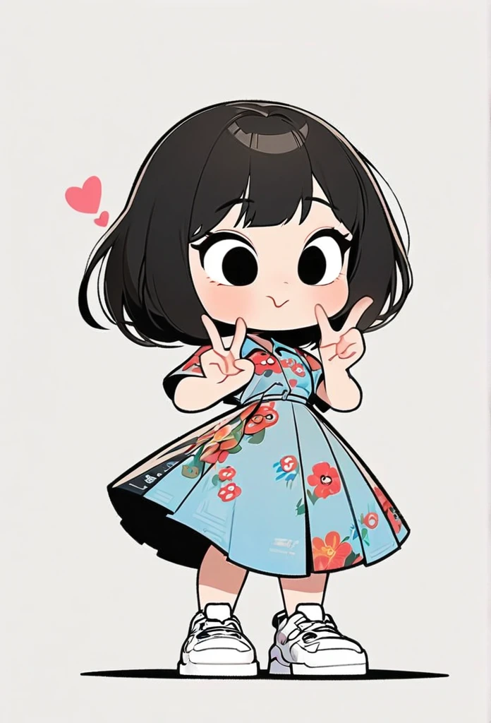 (art, best quality: 1.2), cartoon character design, a young girl with straight black hair, alone, big eyes, cute expression, Korean, making a Korean heart gesture with her fingers, making v with her thumb and index finger crossed, wearing a floral shirt, circular midi skirt, white sneakers, standing, interesting, clean lines, Korean heart, Korean heart