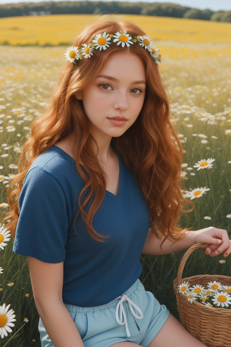 (girl:1.2),alone, (Long ginger curly hair:1.1), brown eyes, Wear a wreath of daisies on your head., sitting in a field of daisies, (Fruit Basket:1.1), blue shorts, red shirt,,raw,Take a photo,Photo Shadows,real,Ridiculous,about beauty,elegant

