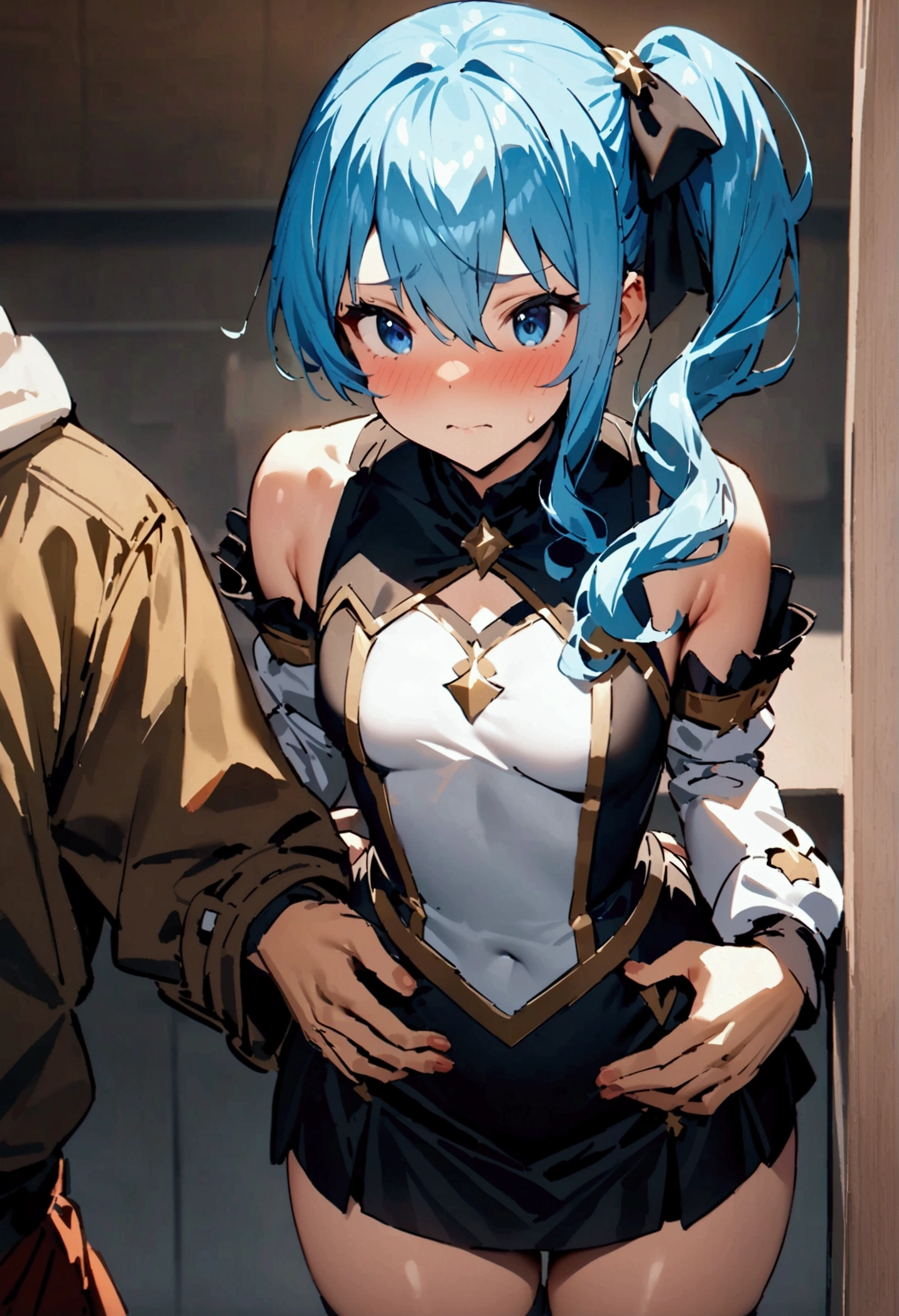 Beware,Masterpiece,Top Quality,High Resolution,Highly Detailed,Star Town Suisei, blue hair, one side ponytail, blue eyes, small breasts, white leotard, detachable sleeves, micro mini skirt, knee high socks, adventurer&#39;s guild, reception counter,. Embarrassed,Blushing,Expecting face,(molester),(strong faced man),man puts his hands on her waist and hugs her,Rape,Tattered clothes